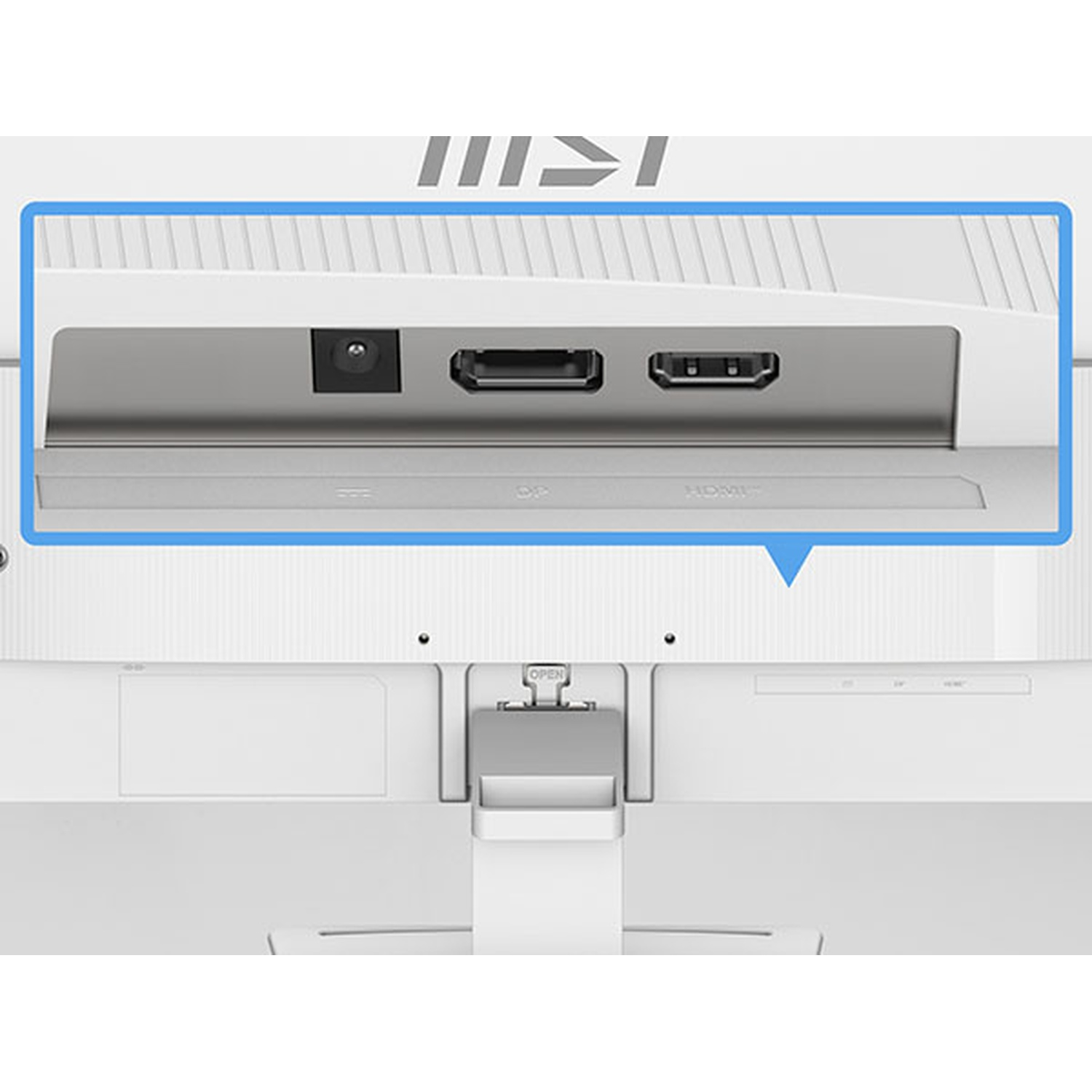 Retro di un monitor bianco con un'area di porte evidenziata per alimentazione, DisplayPort e HDMI.