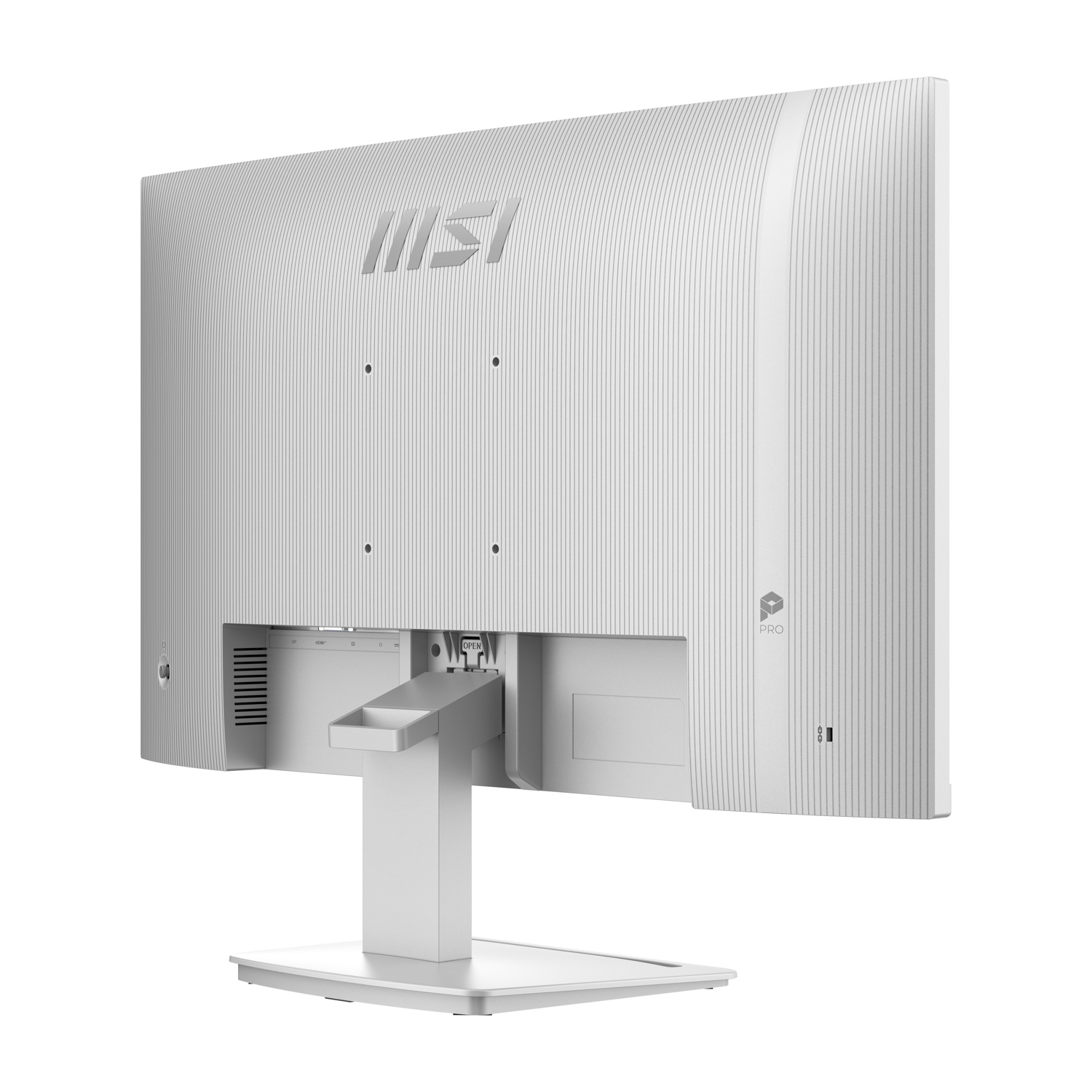 Vista posteriore di un monitor MSI bianco su supporto, con linee verticali e porte.