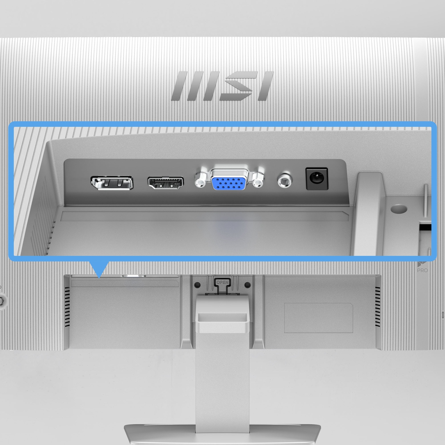 Vista posteriore di un monitor MSI con porte come HDMI e VGA evidenziate in una cornice blu.