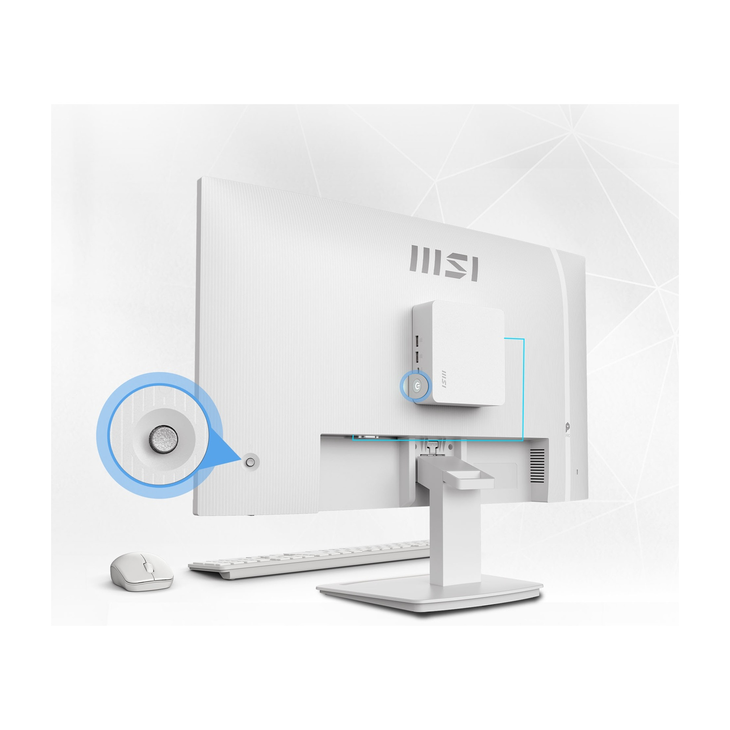Retro di un monitor MSI bianco con mini PC, tastiera e mouse. Un ingrandimento mostra il pulsante di accensione.