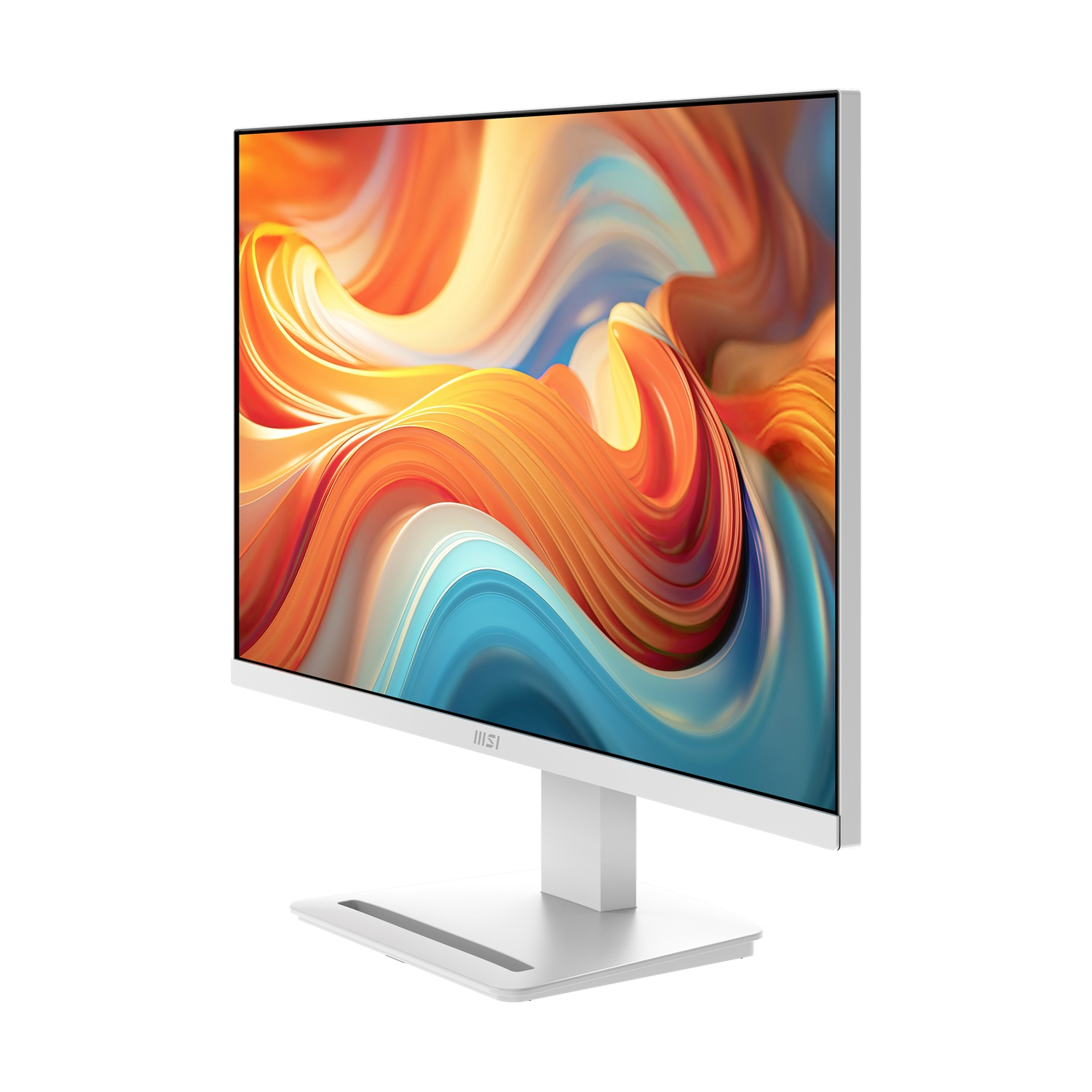 Un monitor MSI bianco con uno sfondo astratto colorato e vorticoso su un supporto.