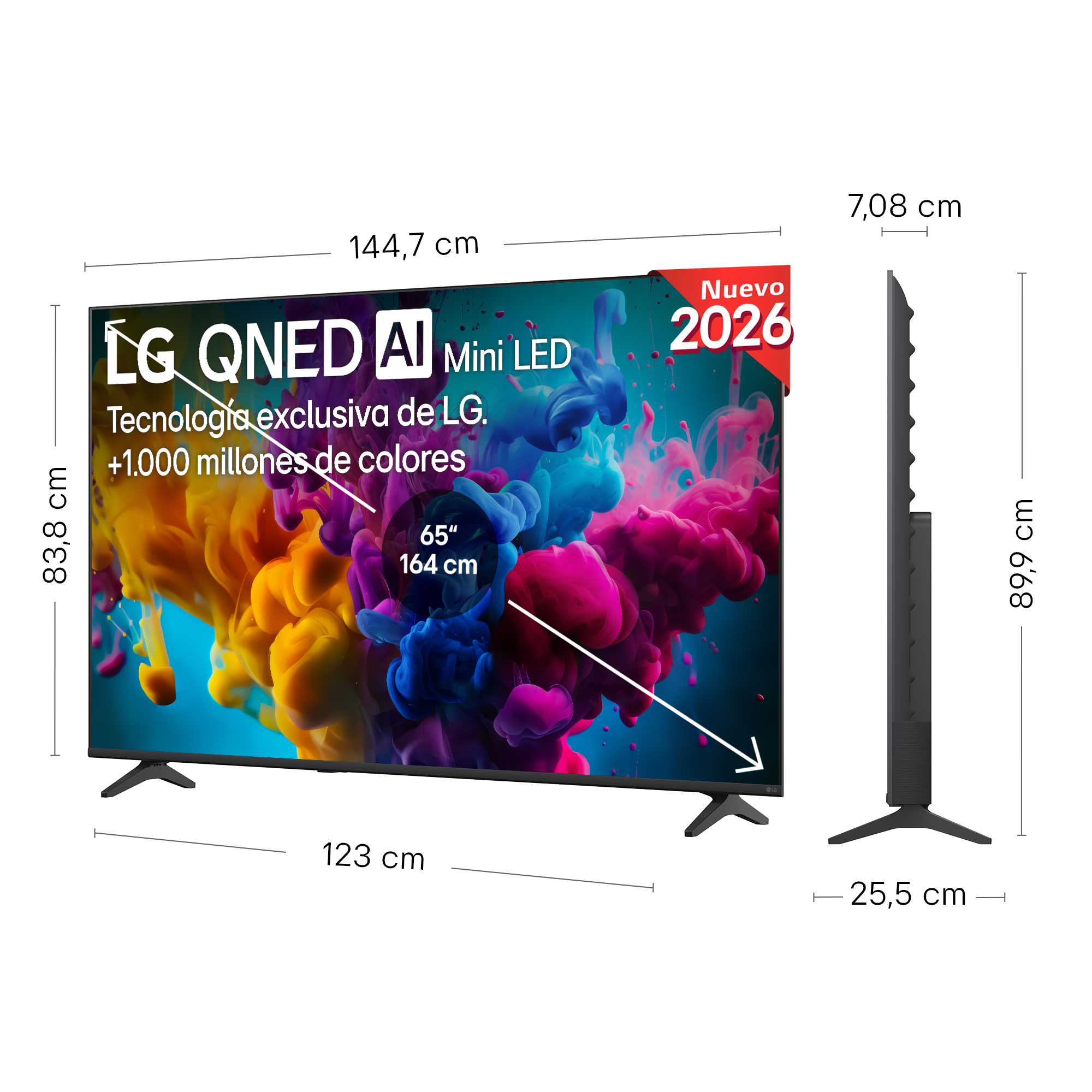 Diagrama con las dimensiones de un televisor LG QNED AI Mini LED, incluyendo vistas frontal y lateral.