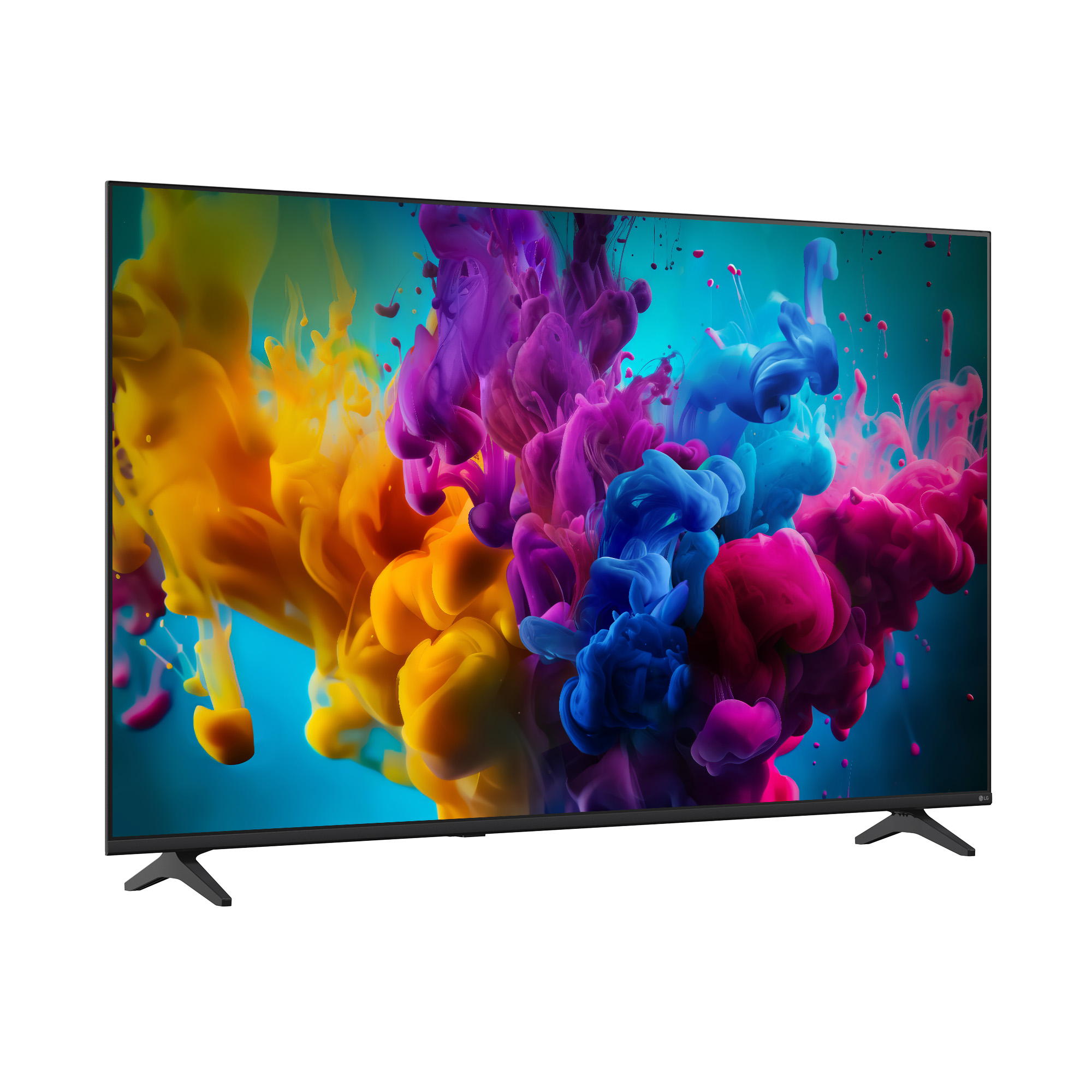 Un televisor moderno muestra nubes vibrantes de tinta amarilla, morada y azul remolineando en agua.