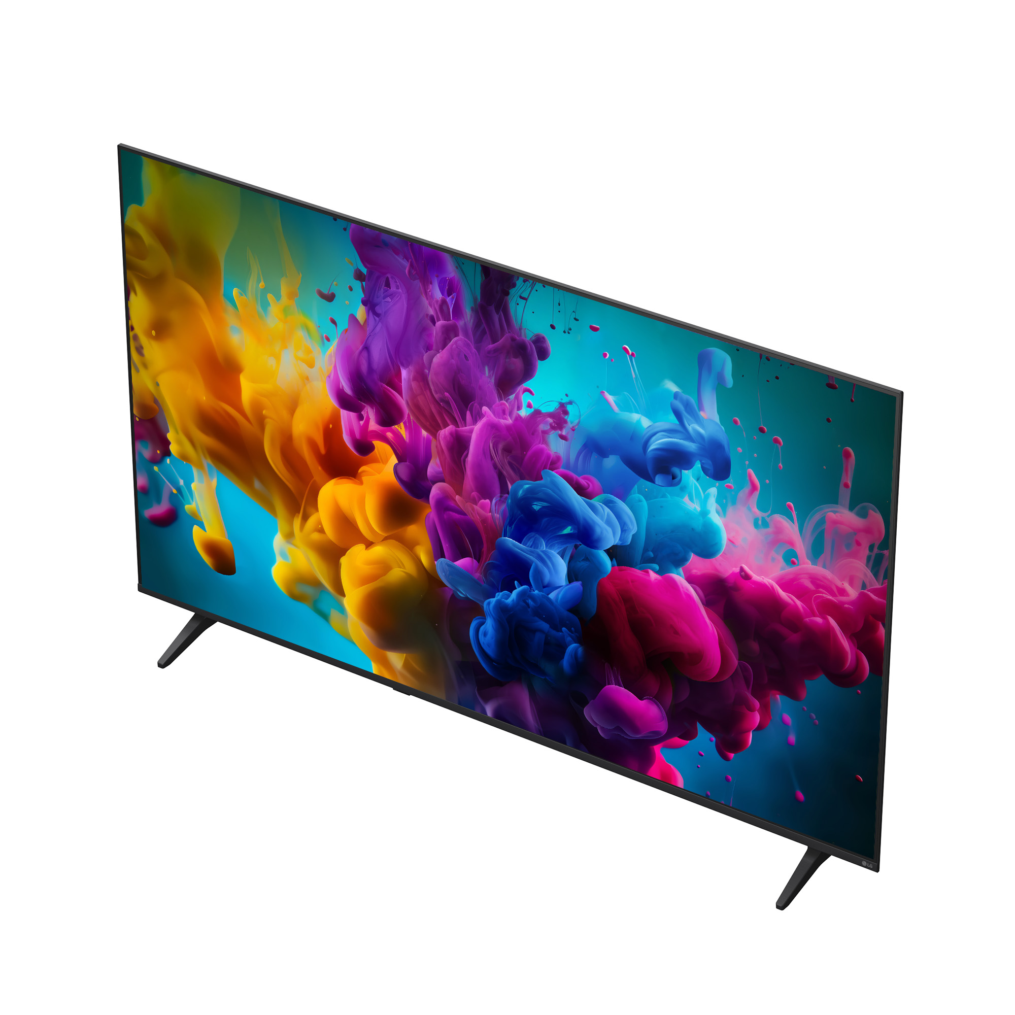 Un televisor elegante muestra una imagen vibrante de tinta amarilla, morada y azul remolineando sobre fondo azul.