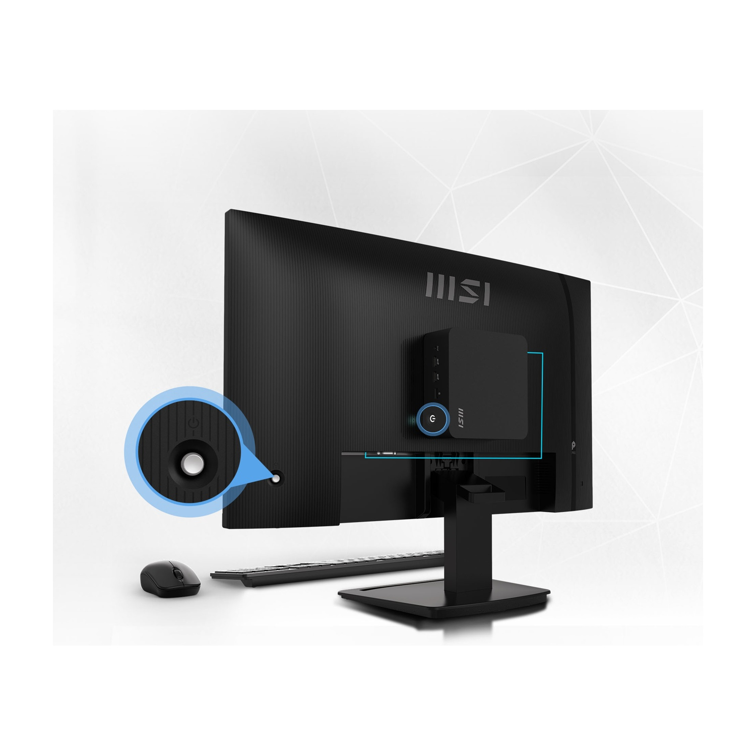 Vista posteriore di un monitor MSI con mini PC, pulsante di accensione evidenziato, mouse e tastiera su sfondo bianco.