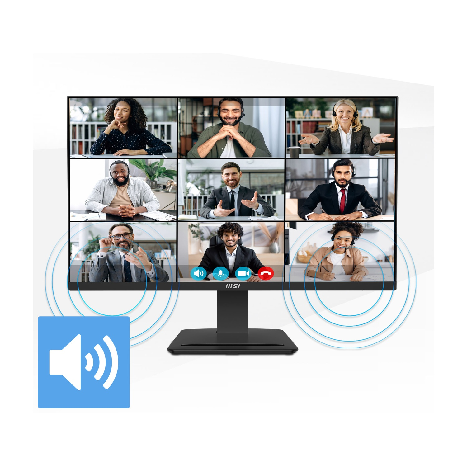 Un monitor di computer mostra una videoconferenza con nove diversi professionisti e grafiche di onde audio.