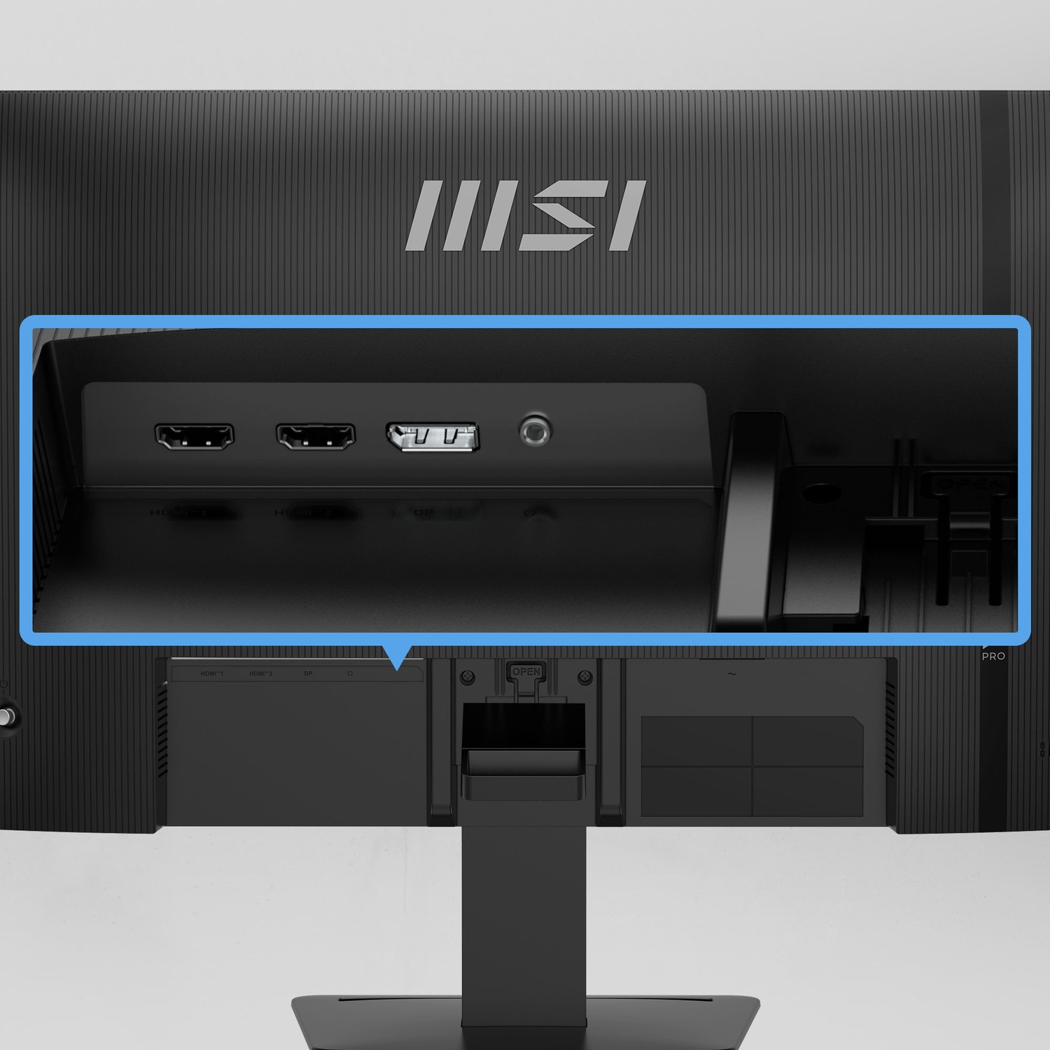 Retro di un monitor MSI nero che evidenzia porte come HDMI, DisplayPort e audio.