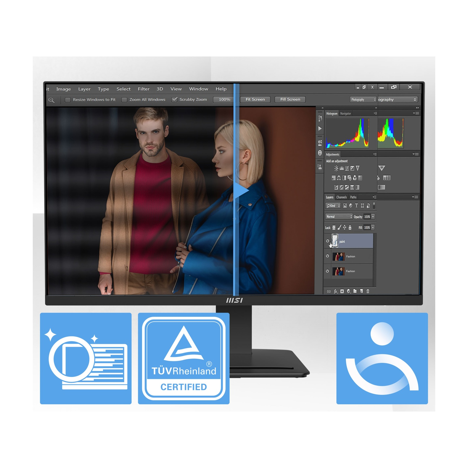 Monitor MSI con schermo diviso che mostra software di fotoritocco e loghi di certificazione in basso.