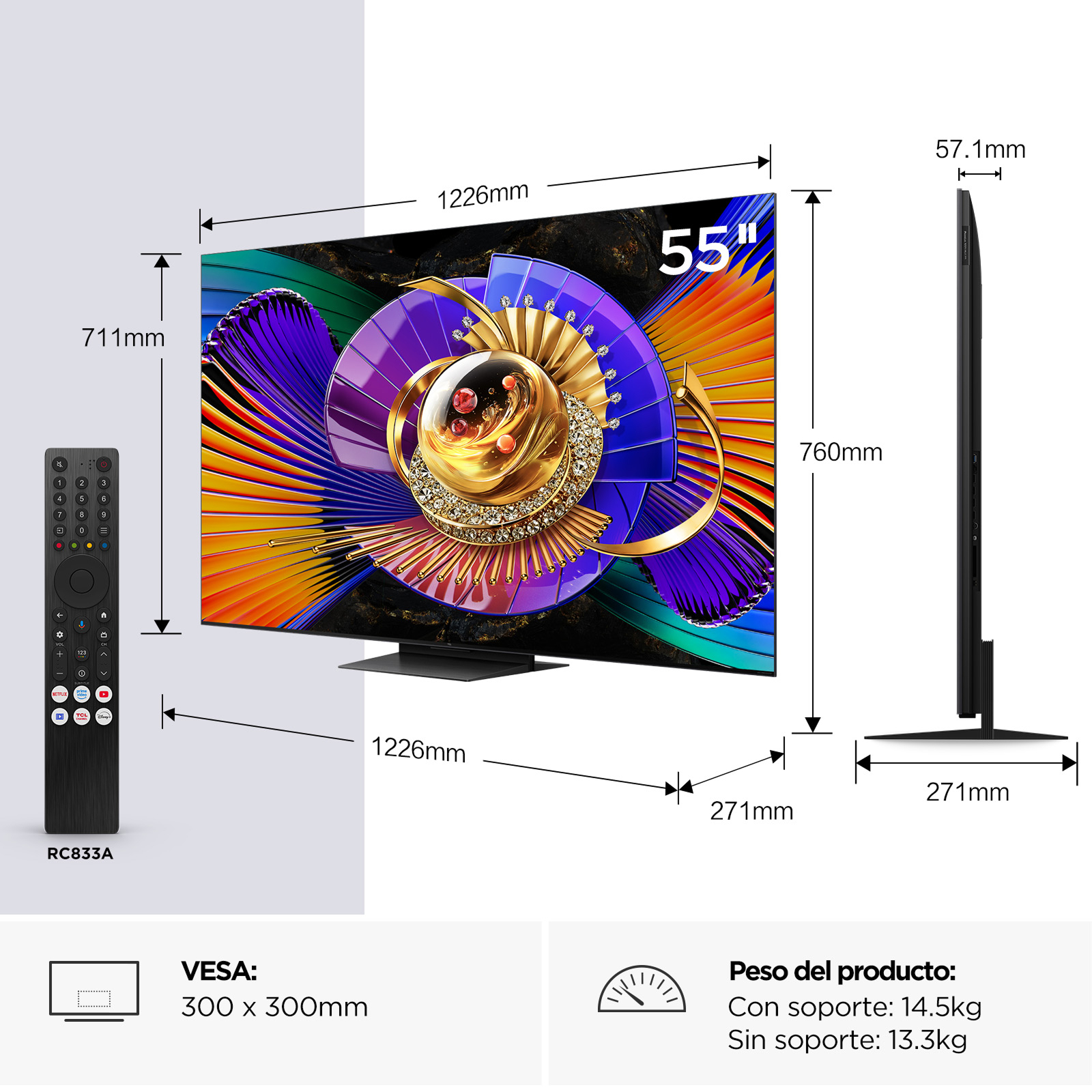 Diagrama técnico de un televisor de 55 pulgadas con dimensiones, control remoto, tamaño VESA y peso.