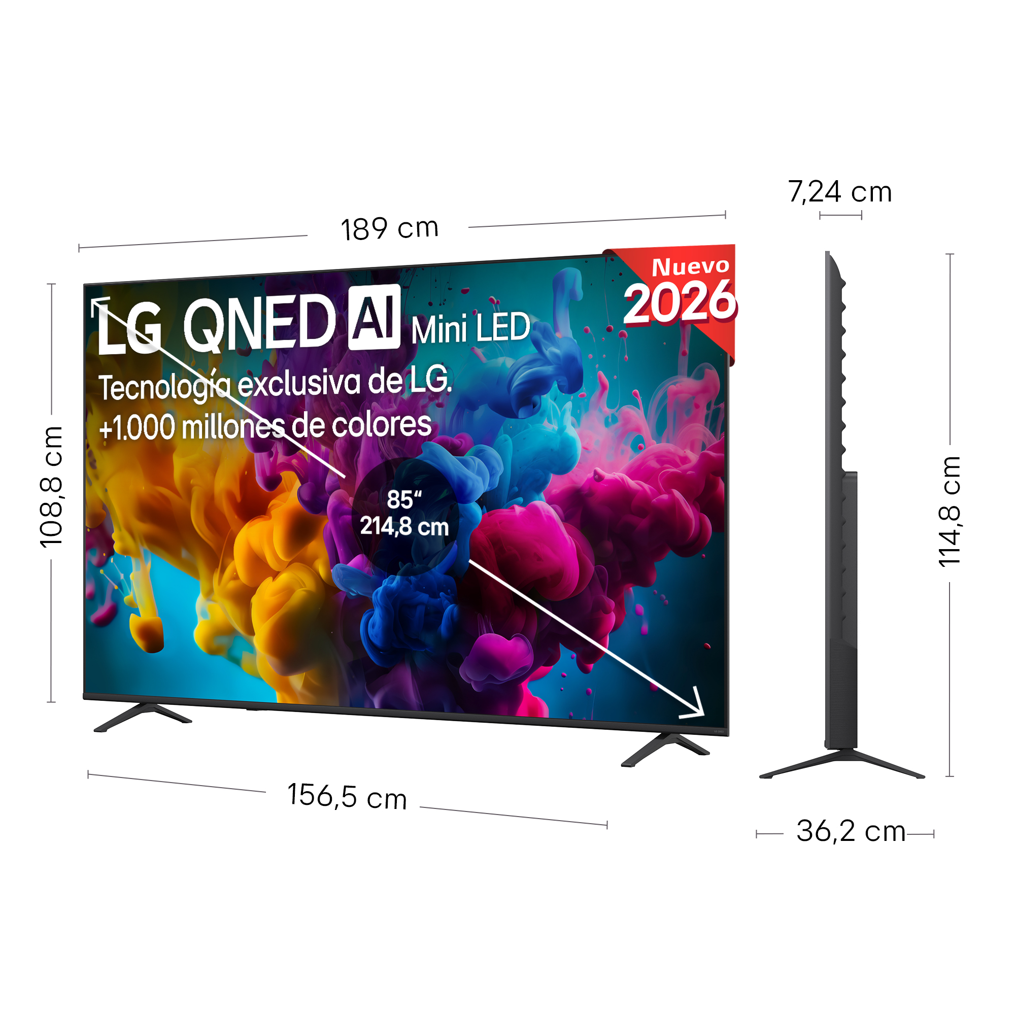 Esquema técnico que muestra las dimensiones de un televisor LG QNED Mini LED.