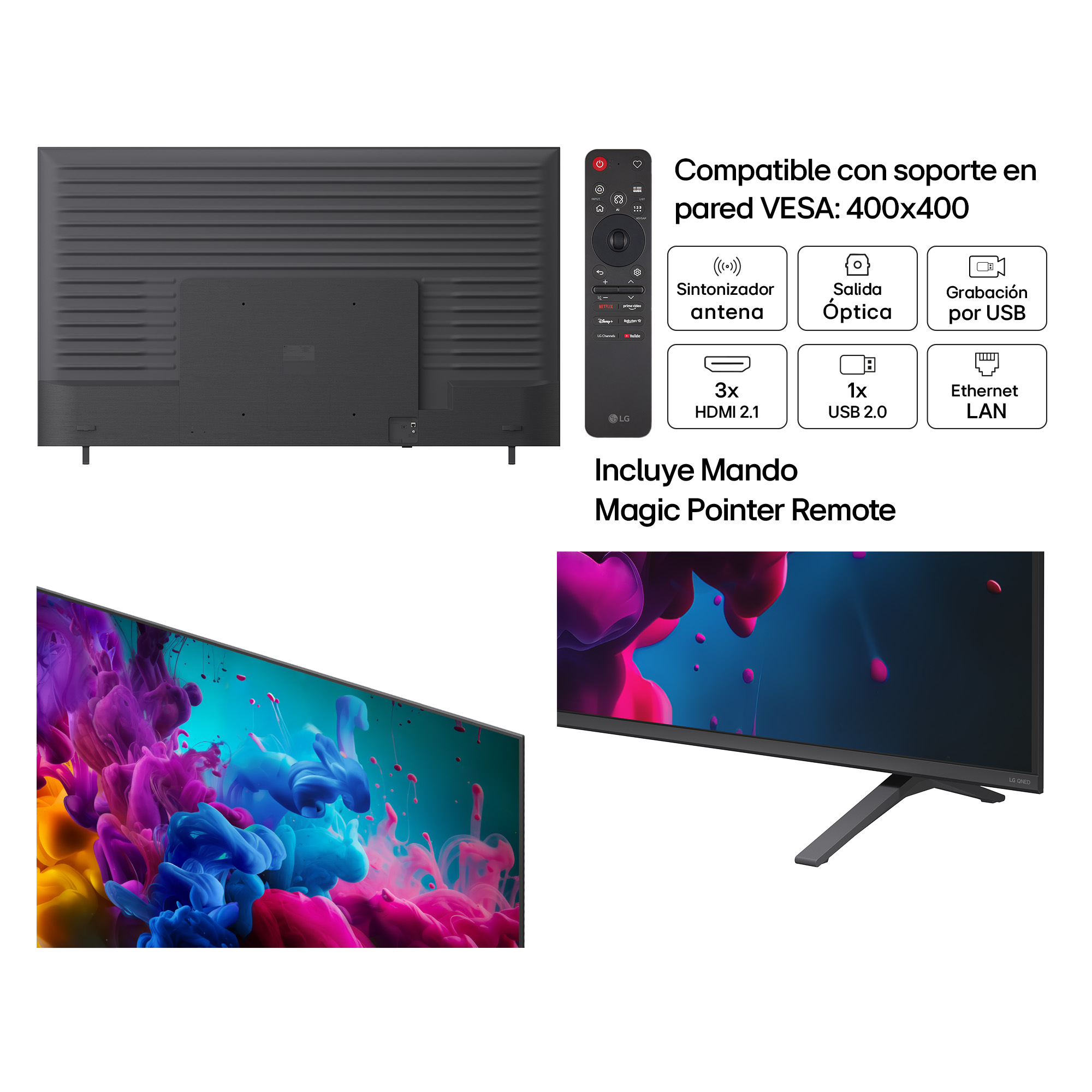 Televisor LG con soporte VESA, Magic Remote, gráficos coloridos y detalles de puertos.