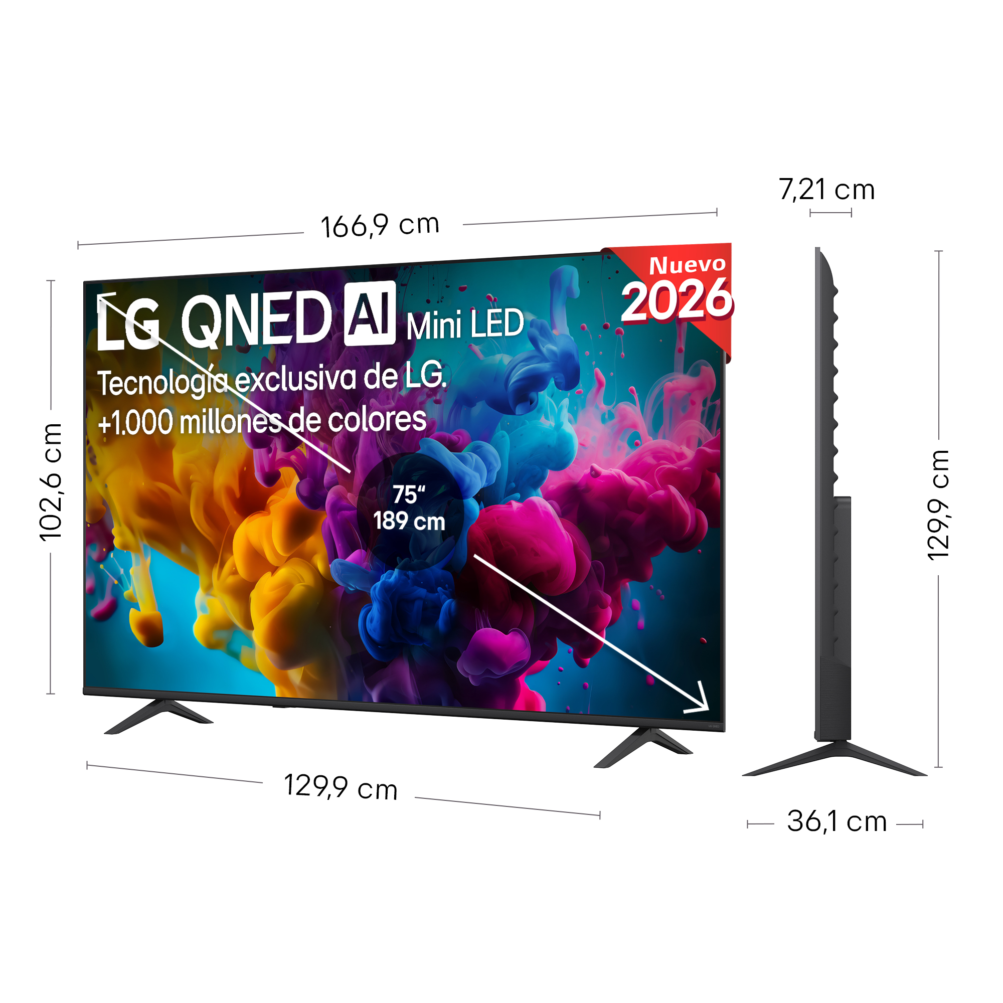 Televisor LG QNED AI Mini LED de 75 pulgadas con dimensiones de ancho, alto y fondo.