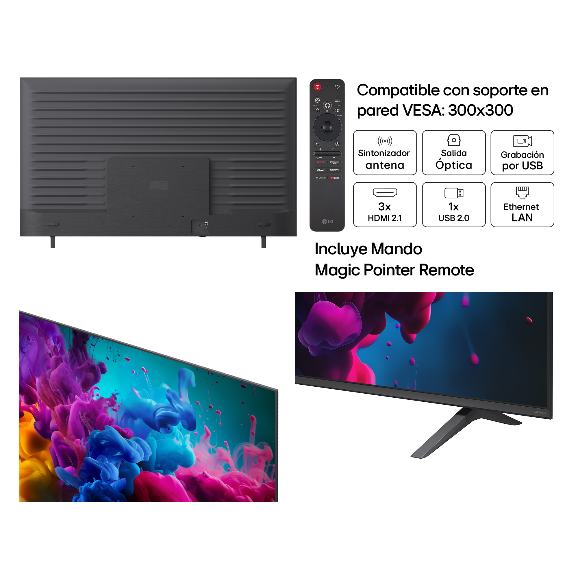 Televisor LG con soporte VESA, Magic Remote y varios puertos, junto con pantallas de colores.