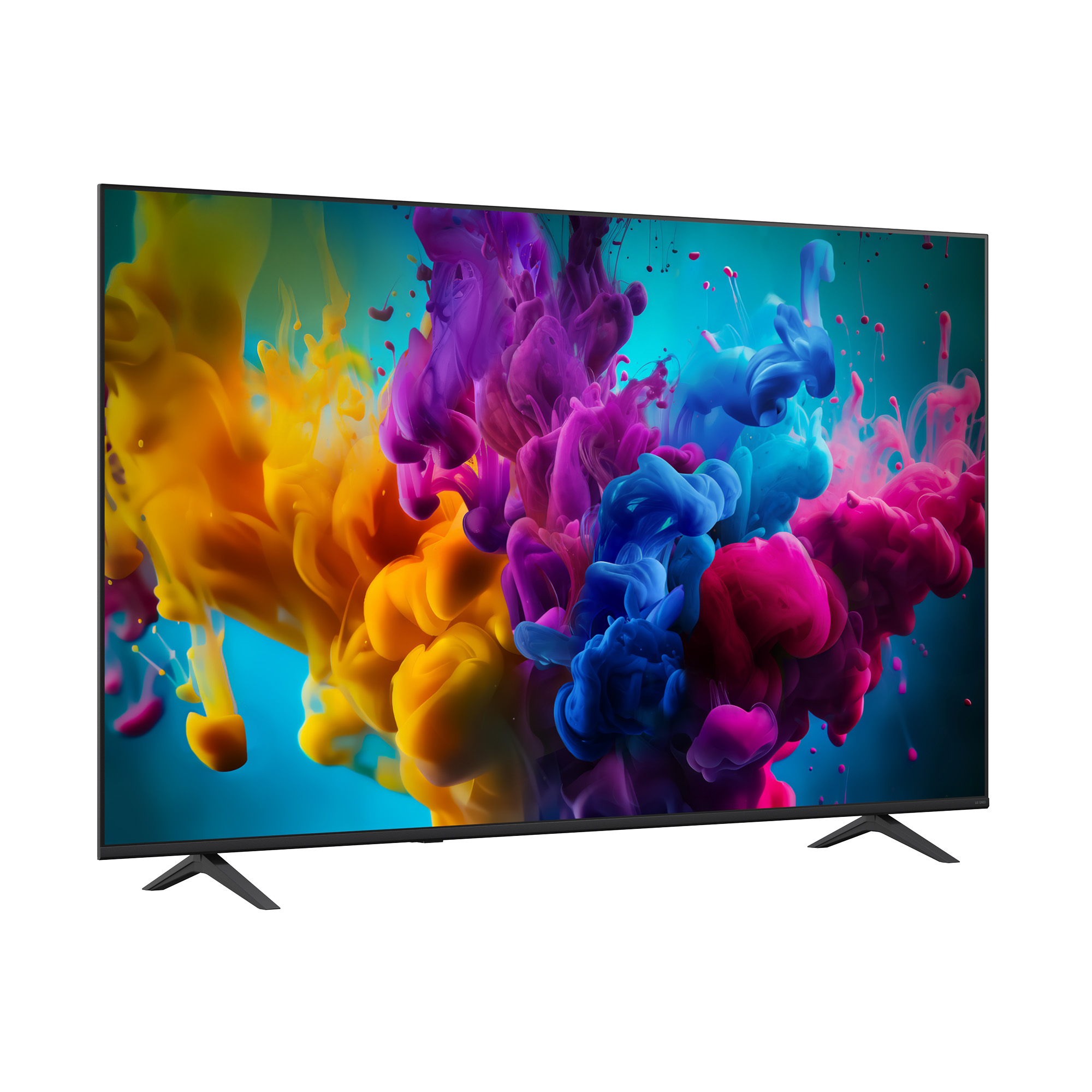 Un televisor moderno muestra una explosión abstracta de tinta amarilla, morada, azul y rosa sobre un fondo azul.