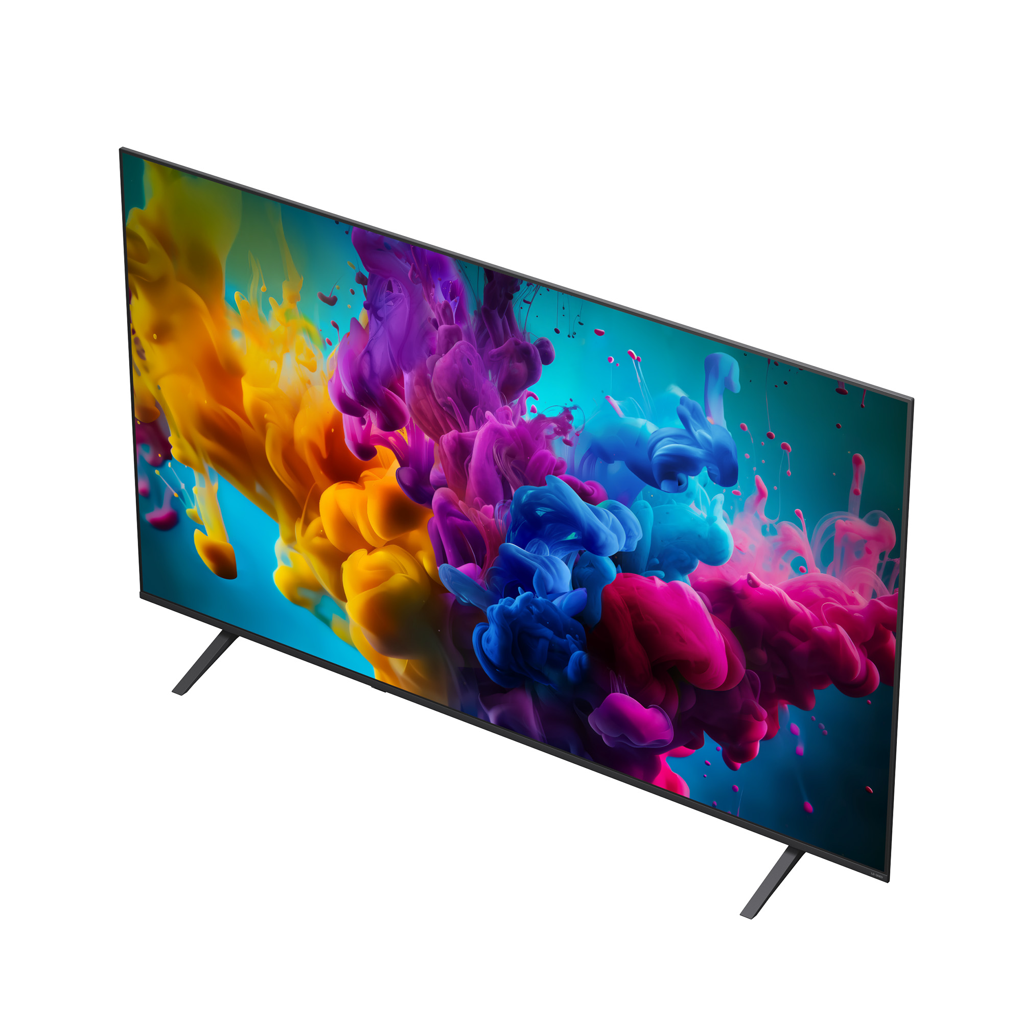 Un televisor delgado muestra nubes de tinta de colores amarillo, morado y azul en una pantalla sobre fondo blanco.