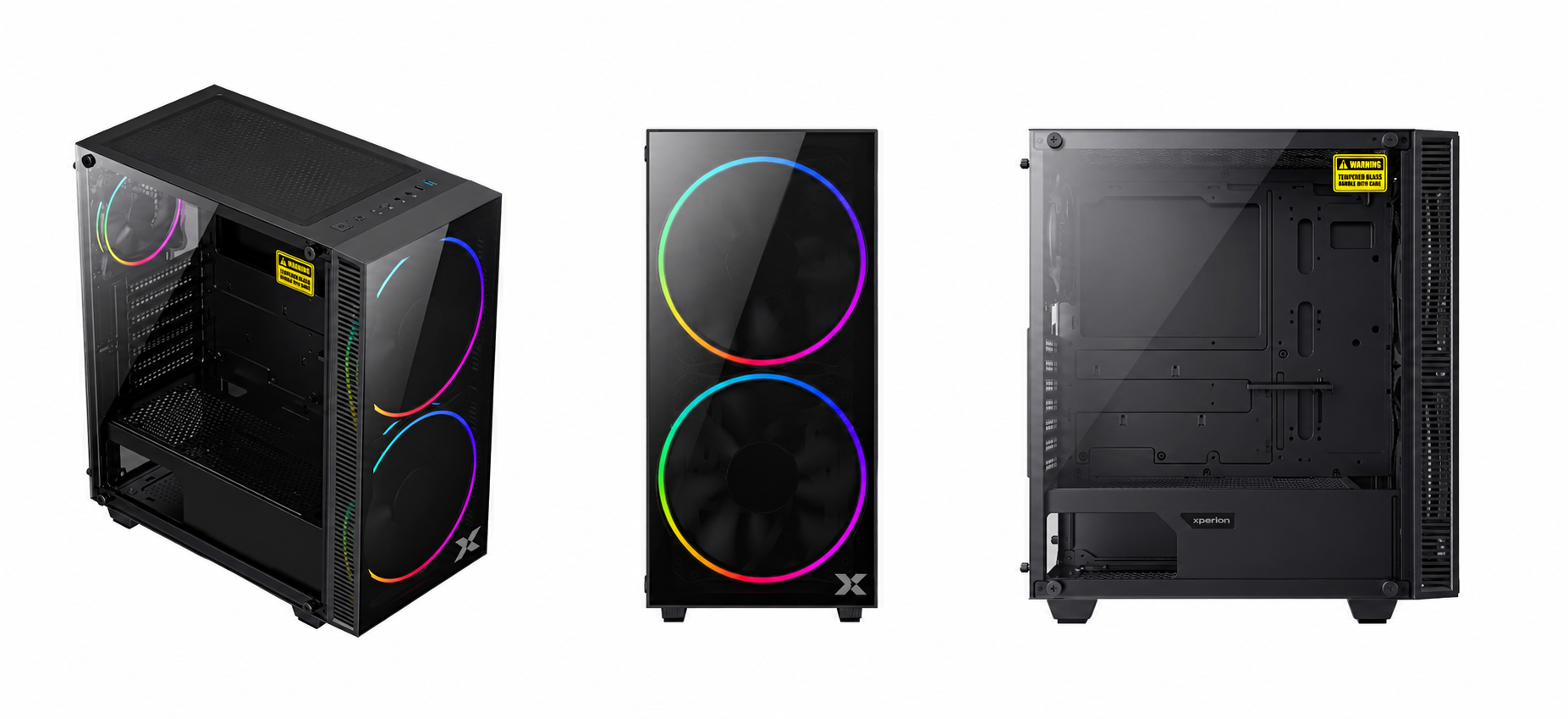 RGB fanlı ve cam yan panelli siyah bilgisayar kasası, üç açıdan gösterilmiştir.