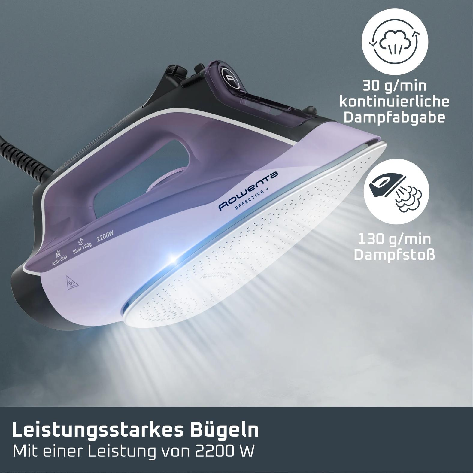 Lila-schwarzes Rowenta Dampfbügeleisen mit Dampfstoß und Text.