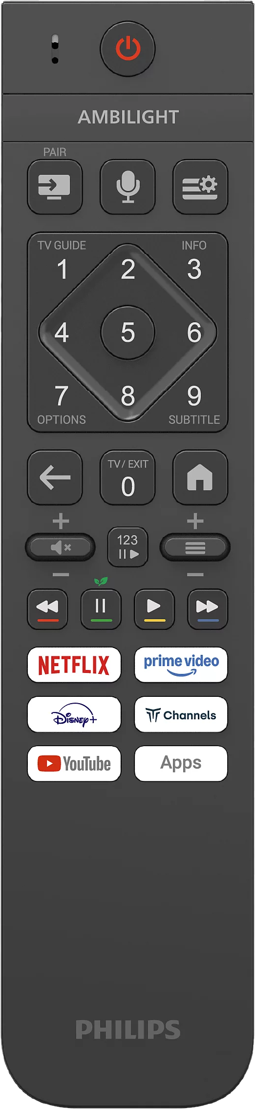 Télécommande de TV Philips noire avec boutons d'applications de streaming.