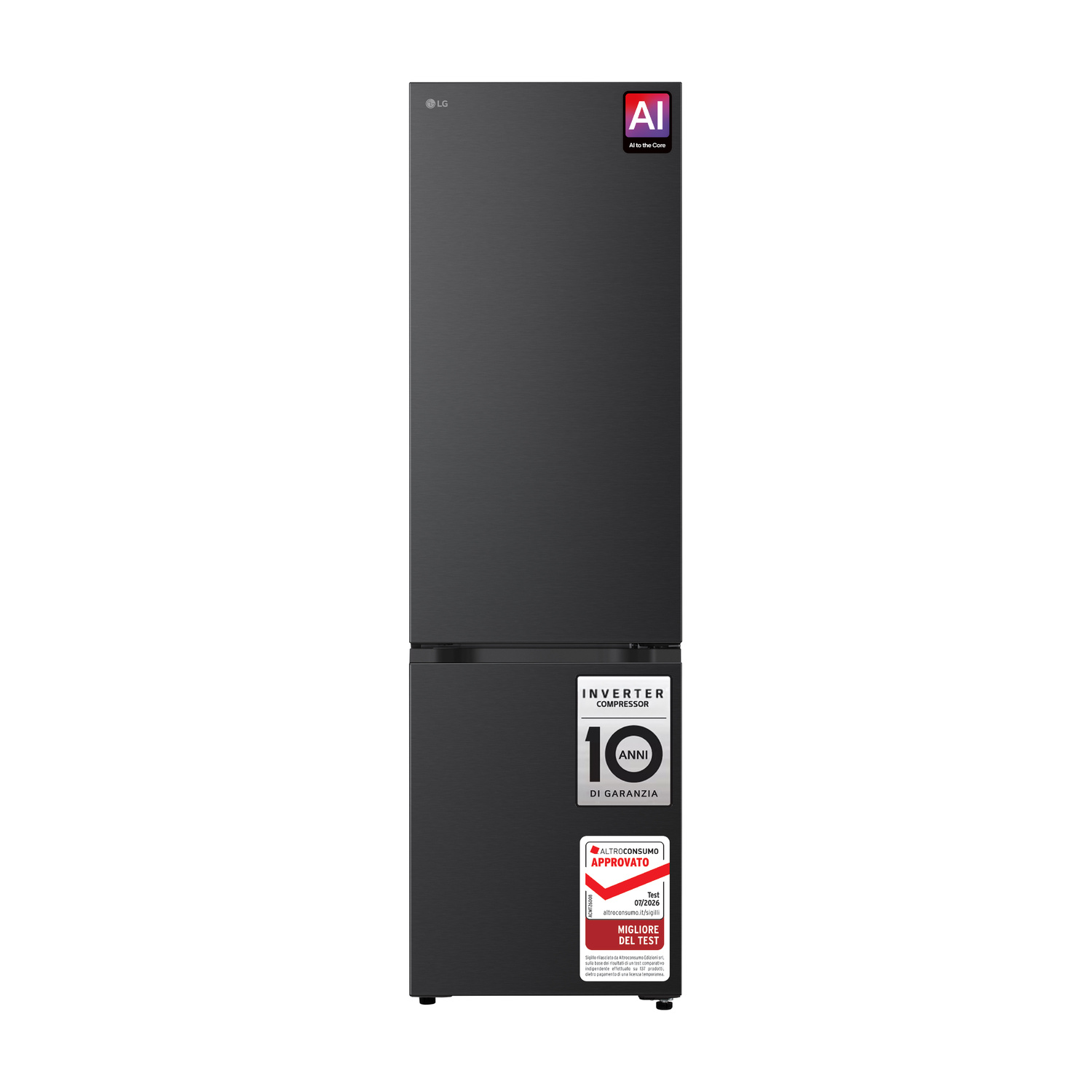 Frigorifero LG nero con congelatore inferiore e adesivi.