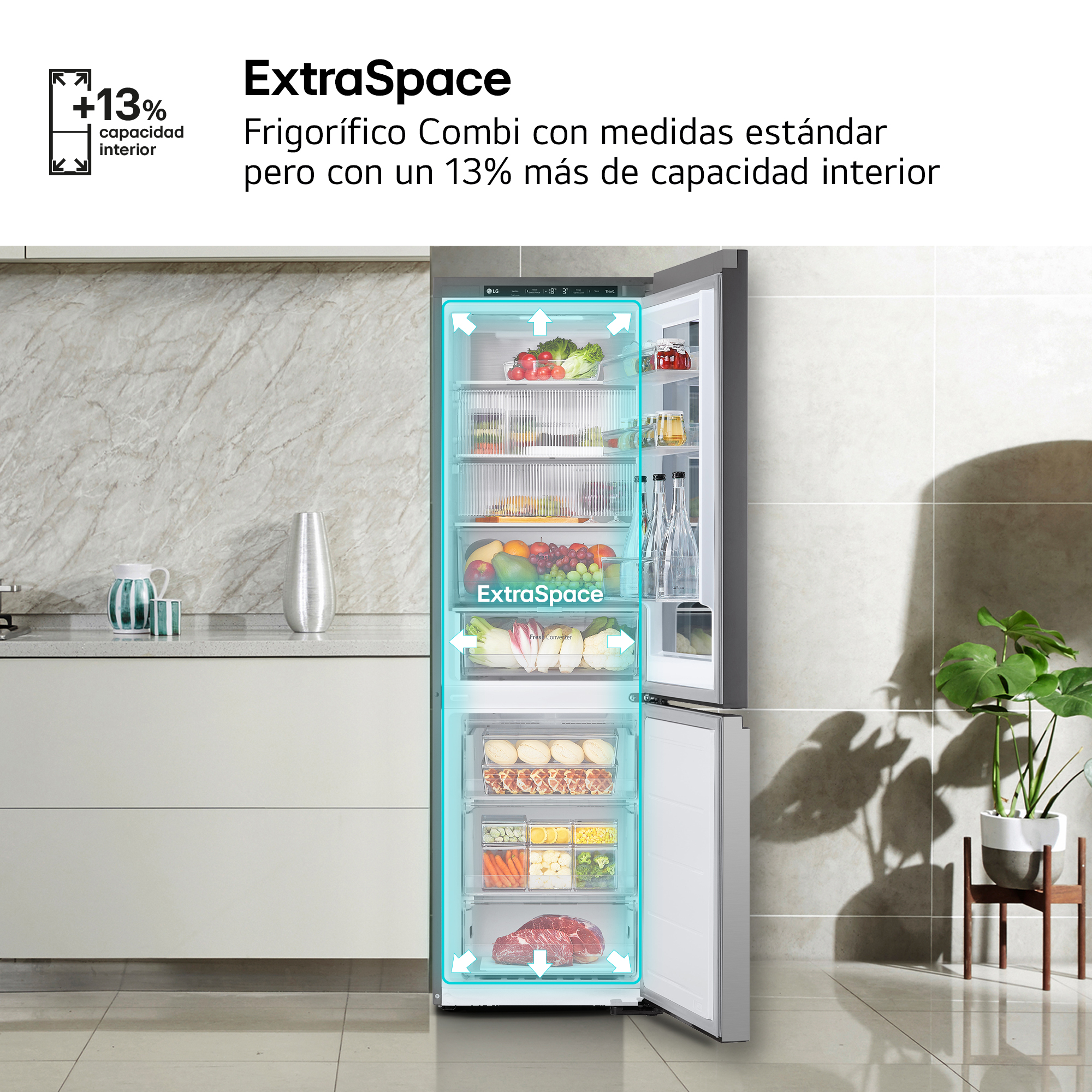 ExtraSpace Frigorífico Combi con medidas estándar pero con un 13% más de capacidad interior