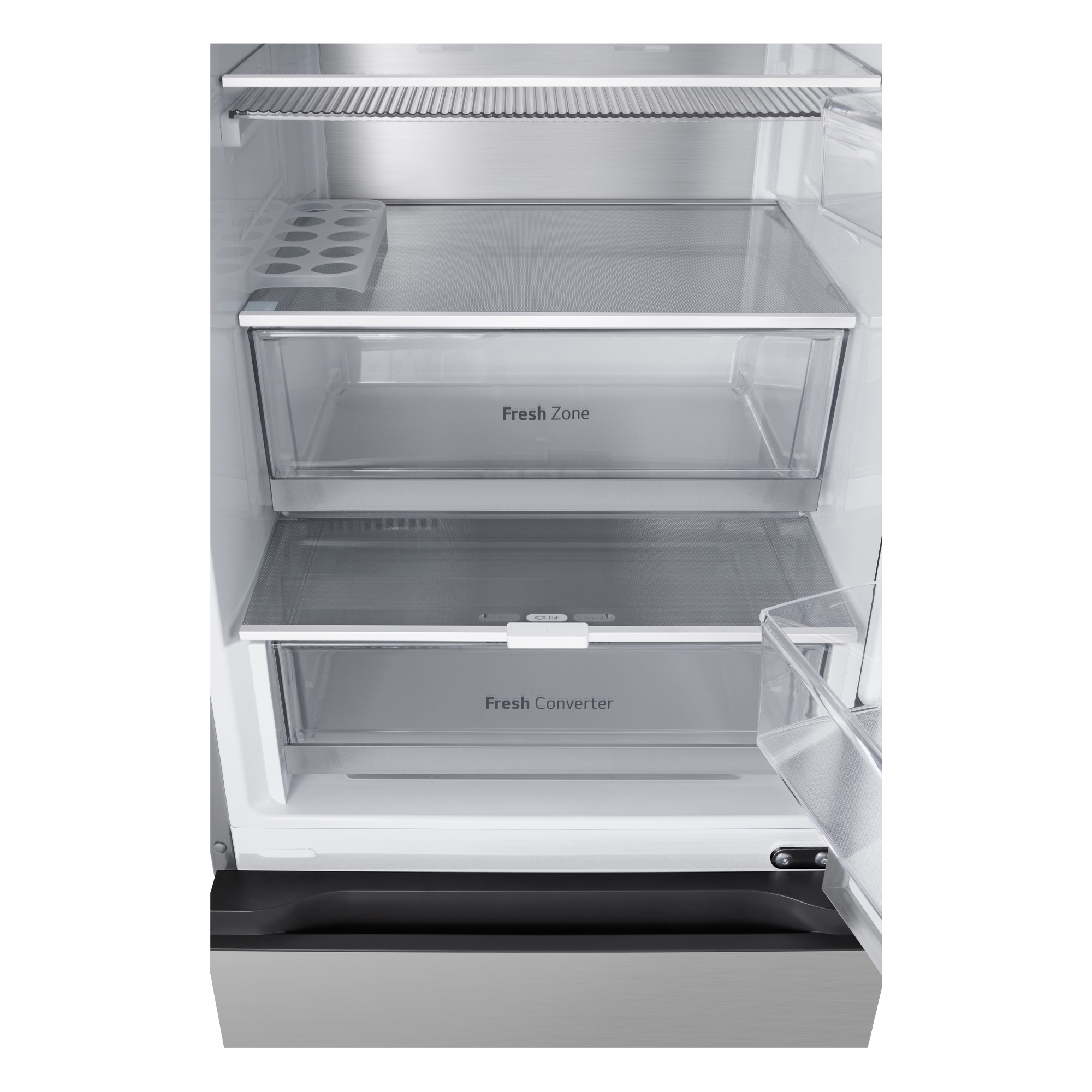 Interior de un refrigerador abierto con estantes de vidrio y cajones Fresh Zone y Fresh Converter.