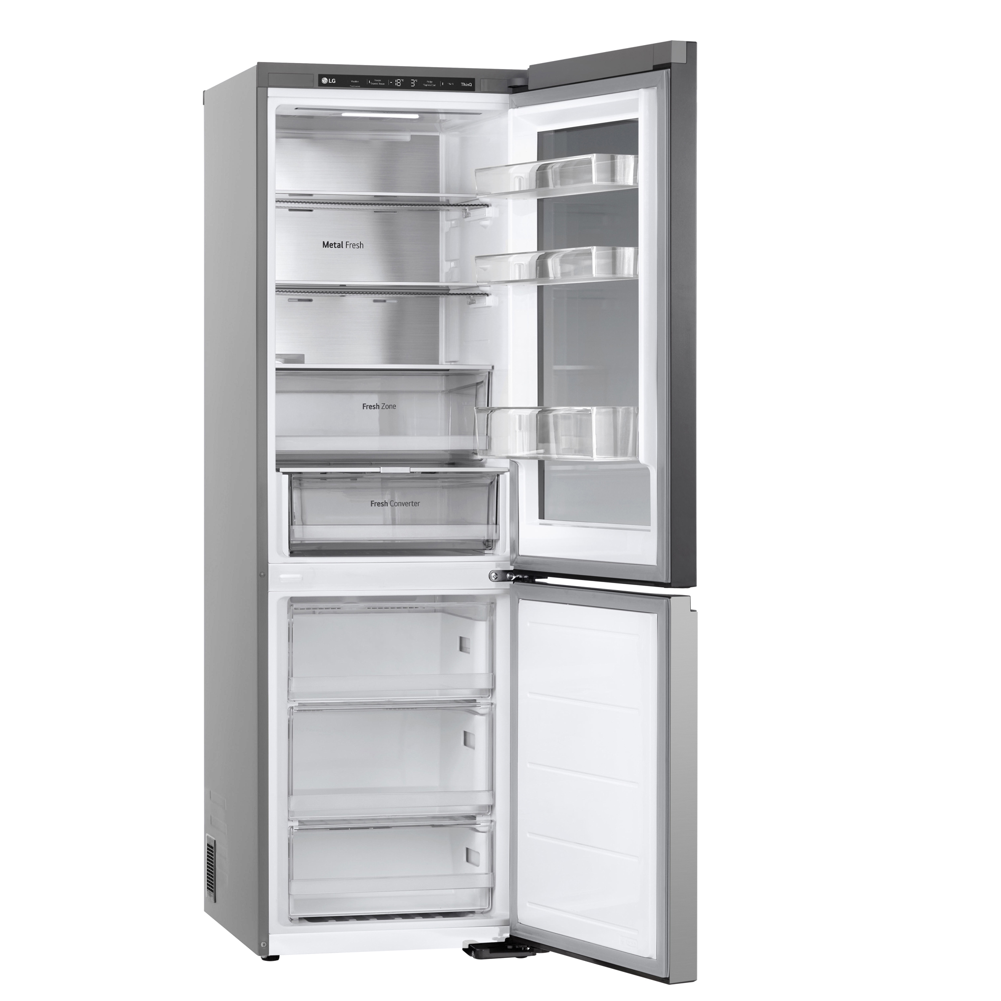Frigorífico LG plateado con puertas abiertas, mostrando estantes, cajones e iluminación interior.