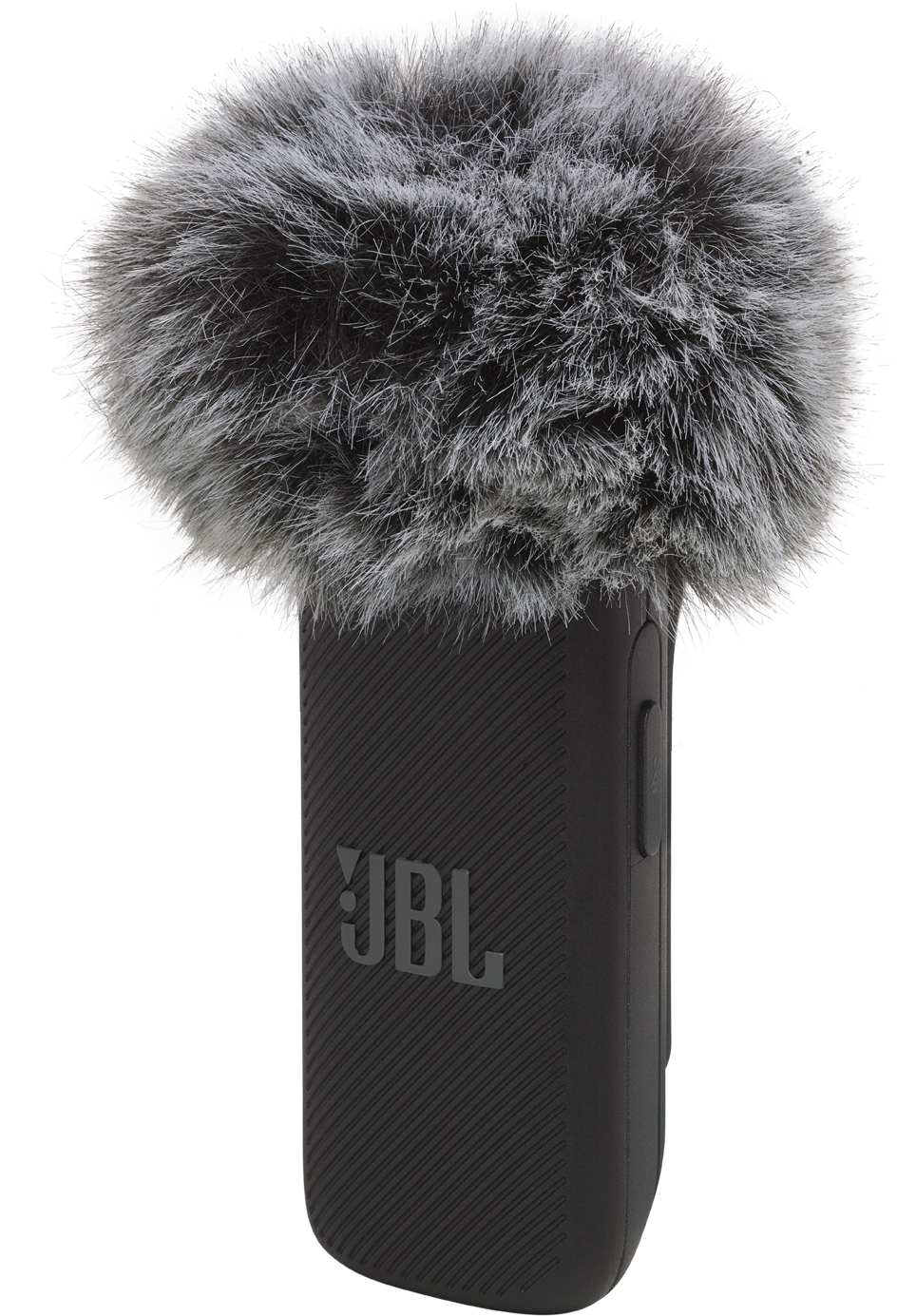 Fekete JBL mikrofon nagy, szürke szőrös szélfogóval, fehér háttérrel.