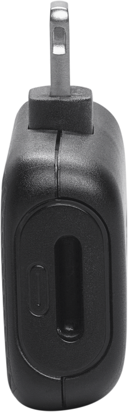Egy fekete elektronikus eszköz ezüst fém csatlakozóval, amely felfelé mutat fehér háttér előtt.