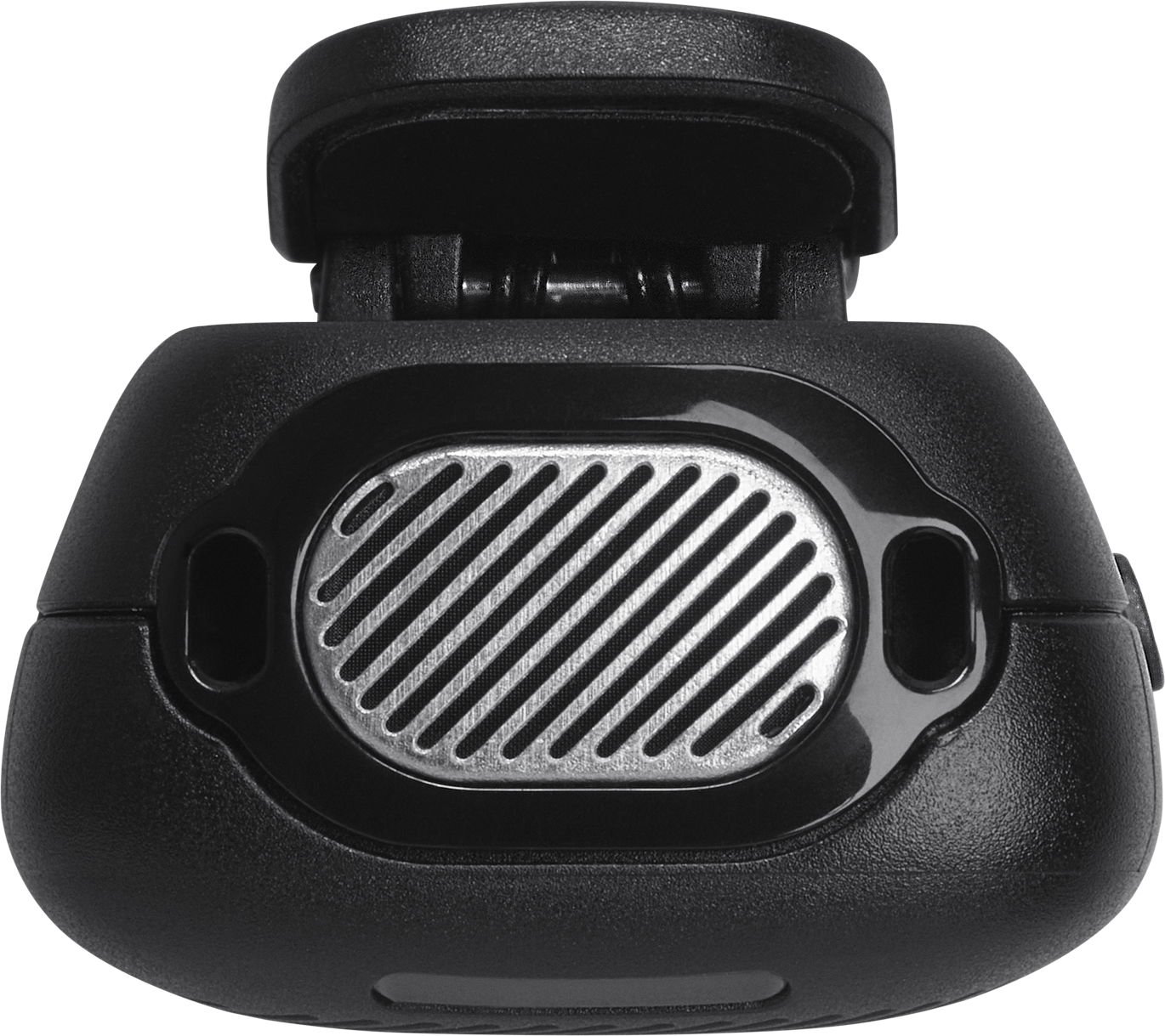 Fekete elektronikus eszköz elöl ezüst ráccsal és felül egy csipesszel.