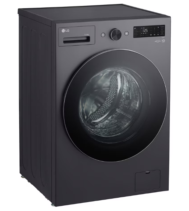 Dijital ekranlı ve cam kapaklı modern gri LG önden yüklemeli çamaşır makinesi.