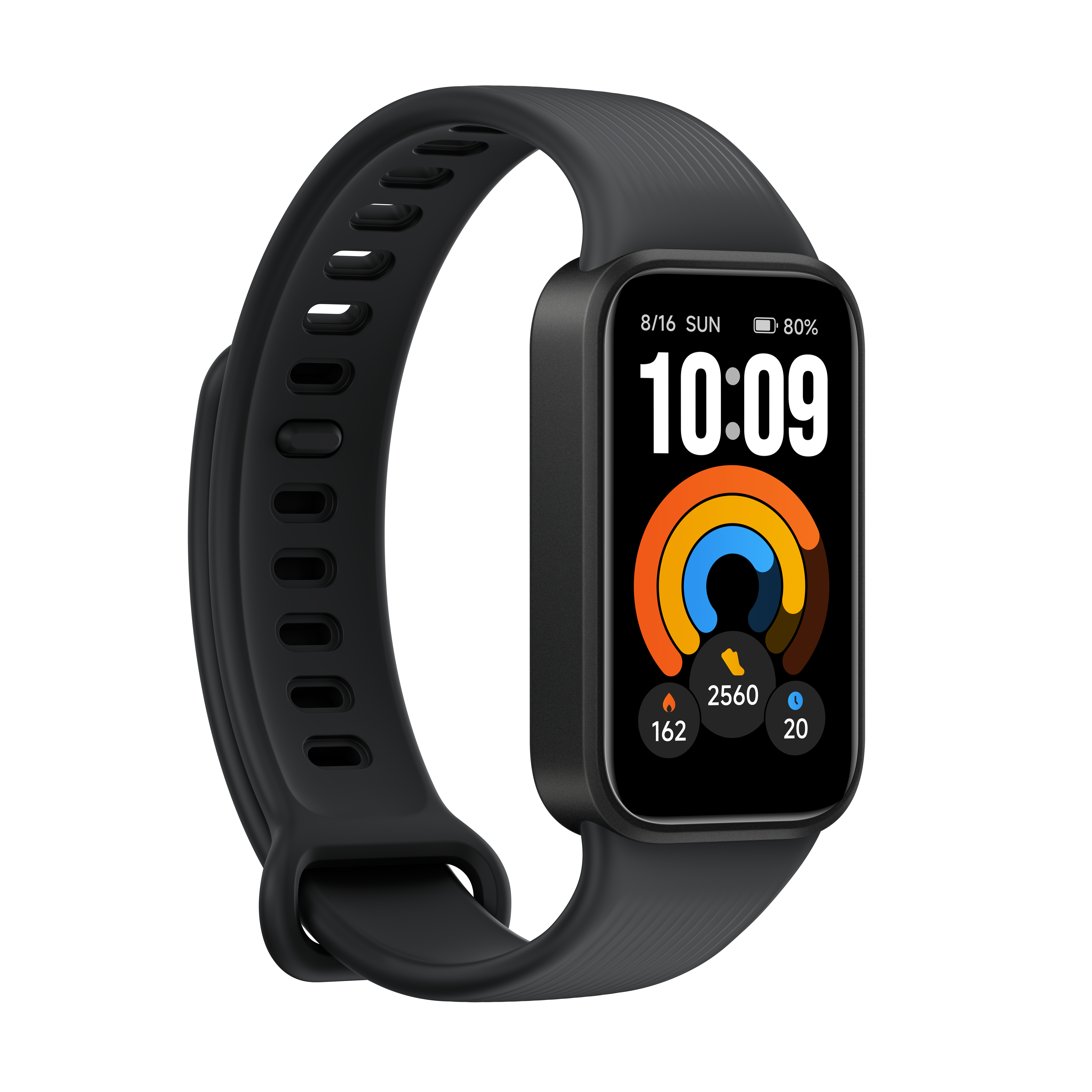 Schwarzes Fitnessarmband mit rechteckigem Display und Aktivitätsringen auf dem Zifferblatt.