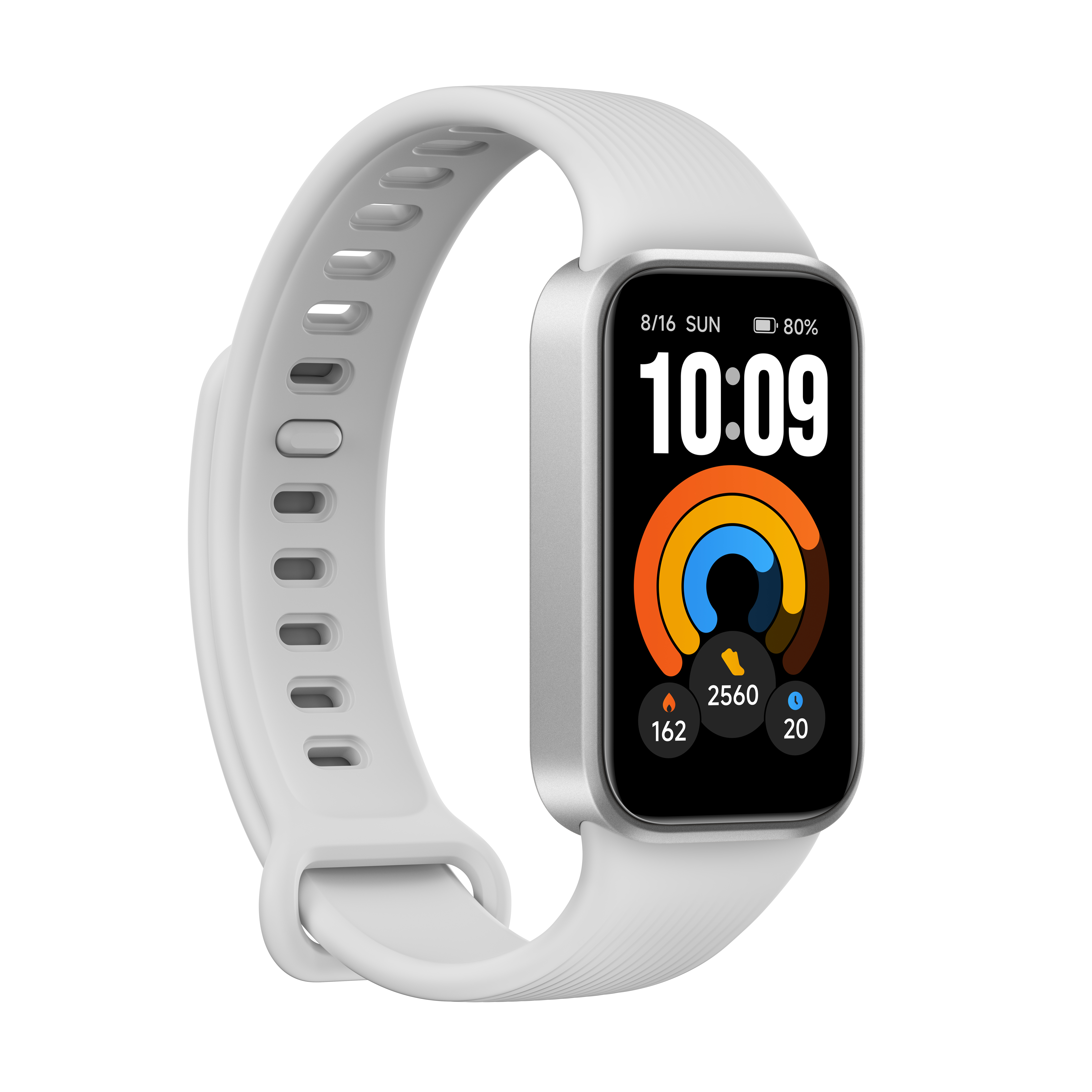 Eine graue Smartwatch mit weißem Silikonarmband und einem farbigen Aktivitäts-Display zeigt die Uhrzeit 10:09.