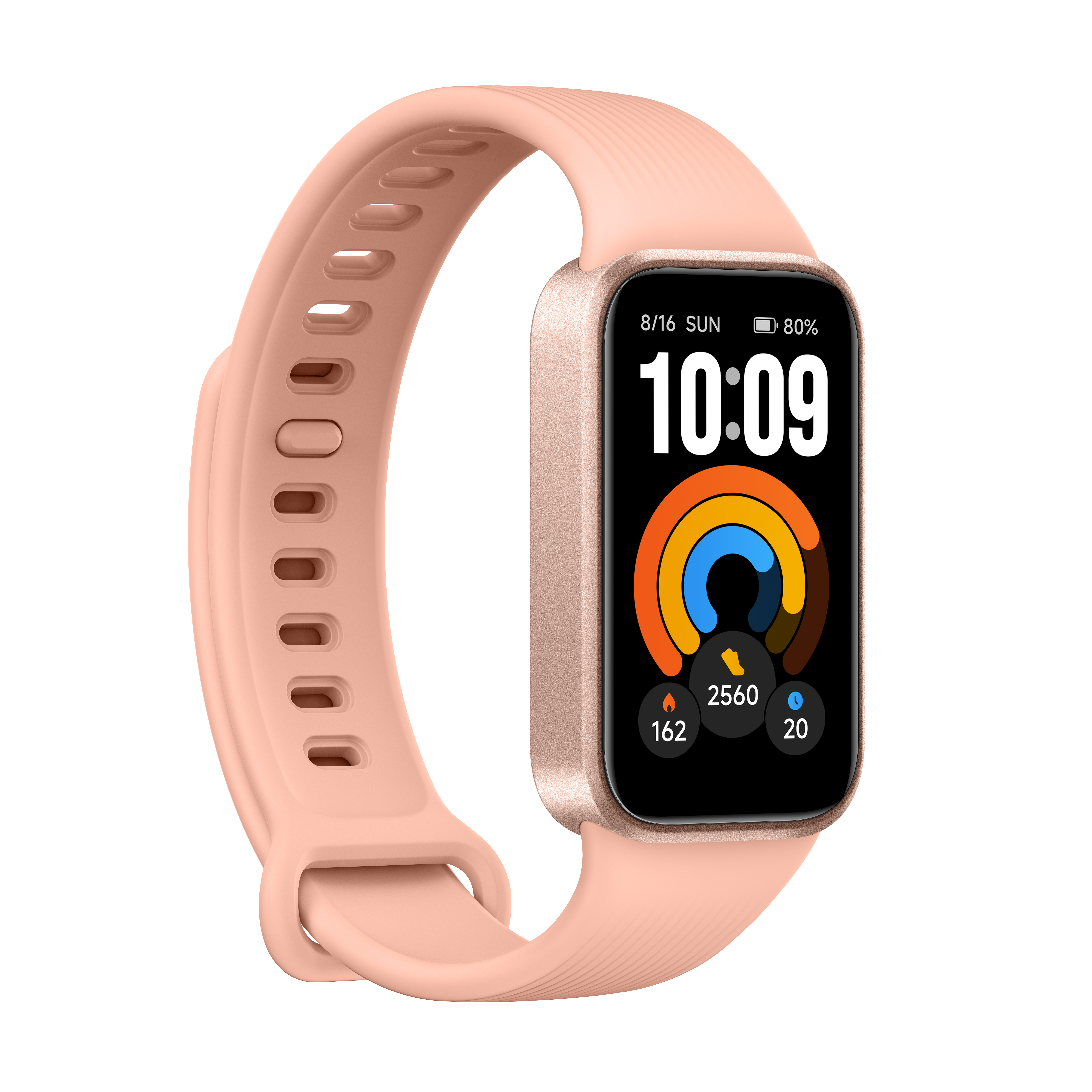 Ein rosafarbener Fitnesstracker mit digitalem Display auf weißem Hintergrund.