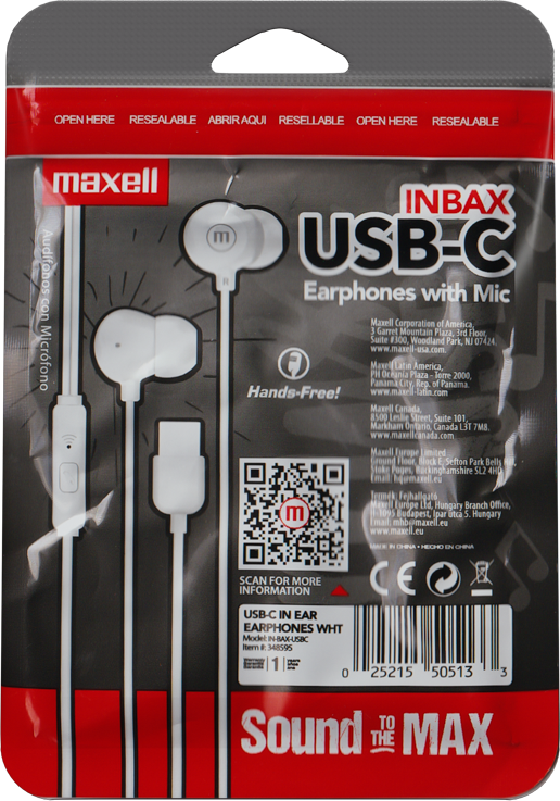 Maxell USB-C fülhallgató csomagolása mikrofonnal, fehér.