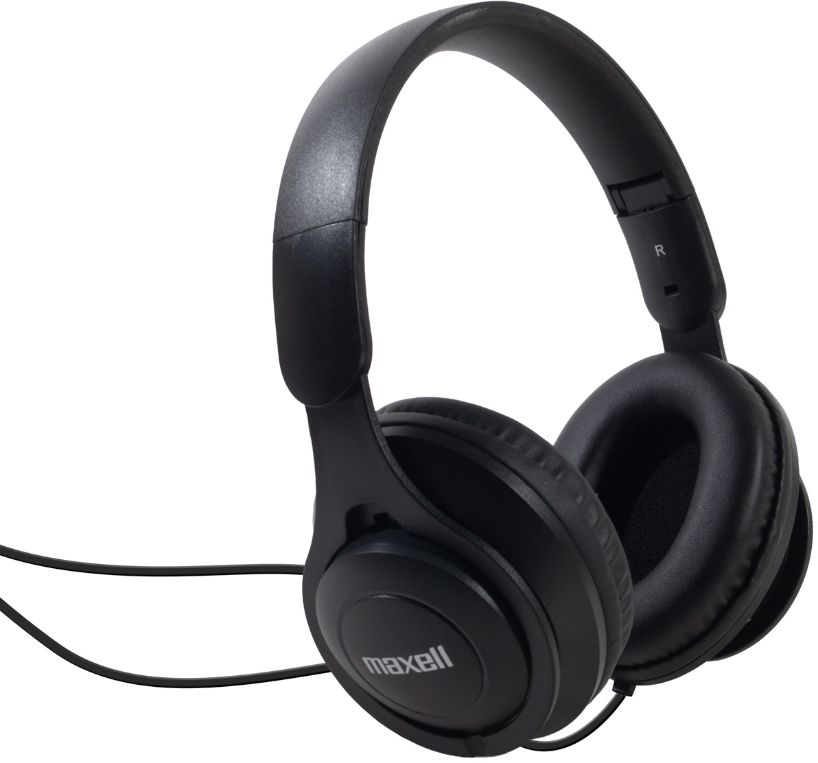 Fekete, vezetékes Maxell over-ear fejhallgató fehér háttérrel.