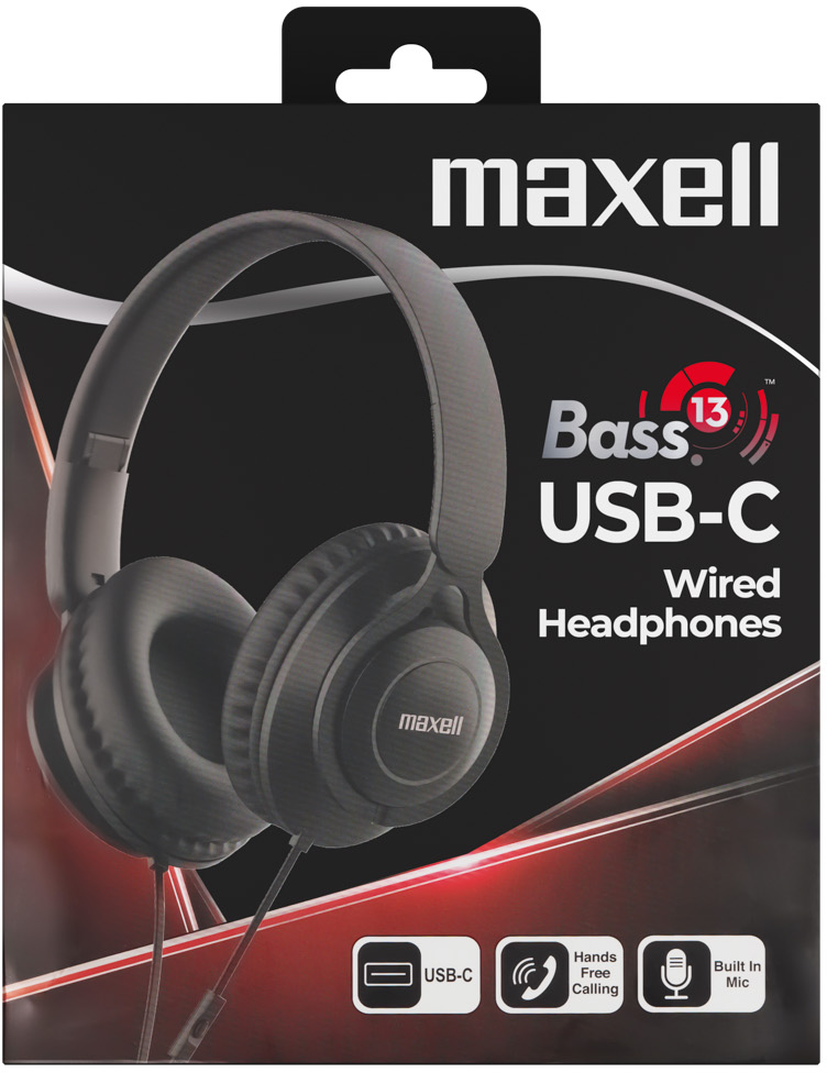 Maxell USB-C vezetékes fejhallgató fekete csomagolásban termékképpel és funkciókkal.