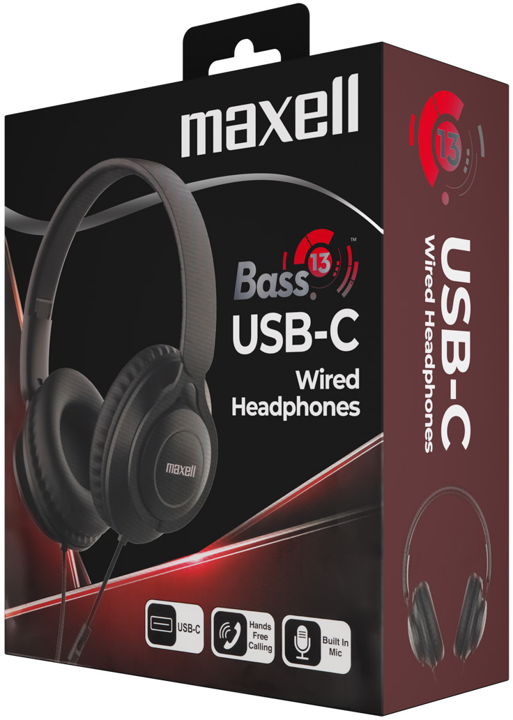 Maxell USB-C vezetékes fejhallgató csomagolása, amelyen a fejhallgató látható.