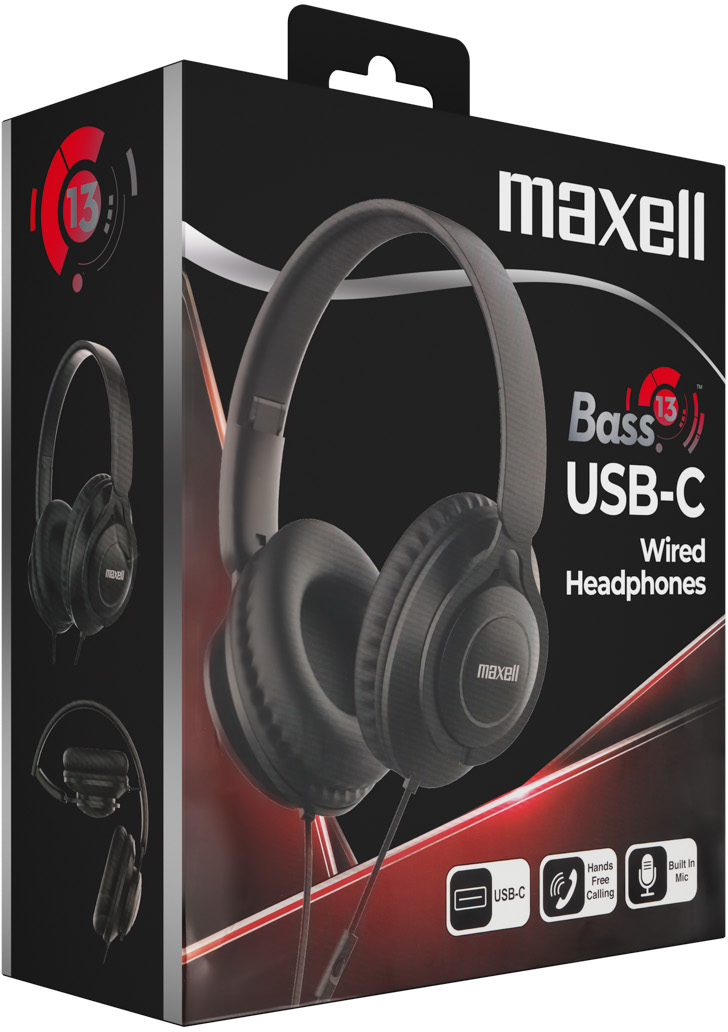 Fekete Maxell USB-C vezetékes fejhallgató csomagolásban, Bass 13 és beépített mikrofon felirattal.