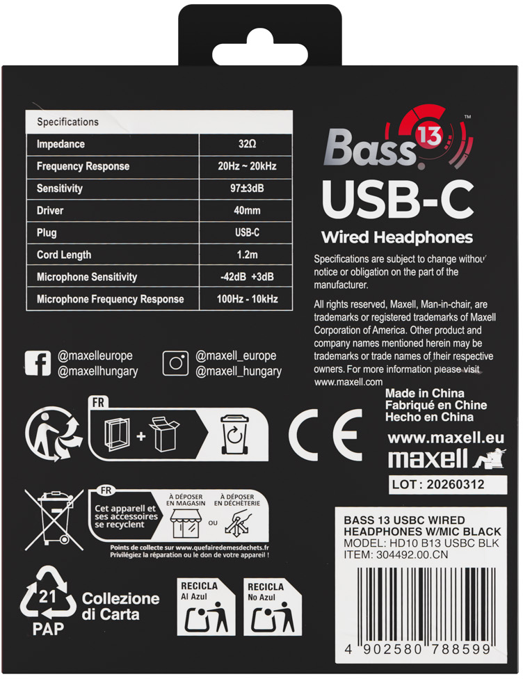 Maxell USB-C fejhallgató csomagolásának hátoldala specifikációkkal és szimbólumokkal.