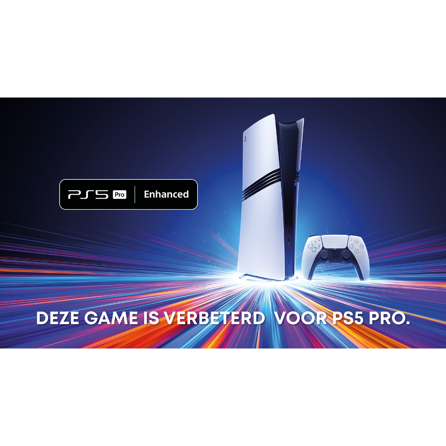 PS5 Pro console and controller against a vibrant, glowing abstract background with Dutch text.