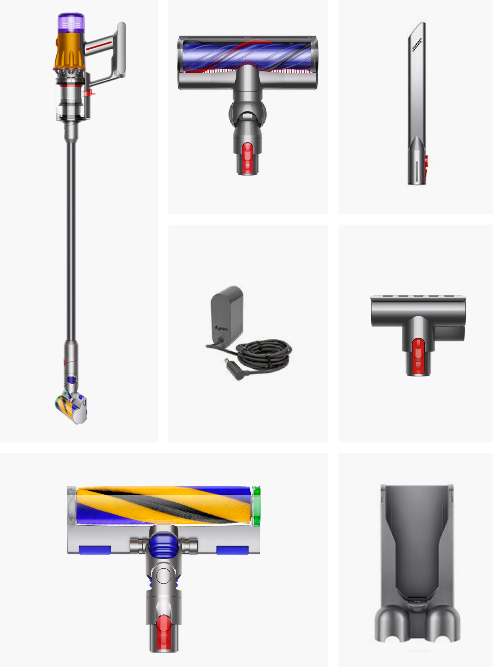 Dyson porszívó és különféle tartozékok fehér háttér előtt.