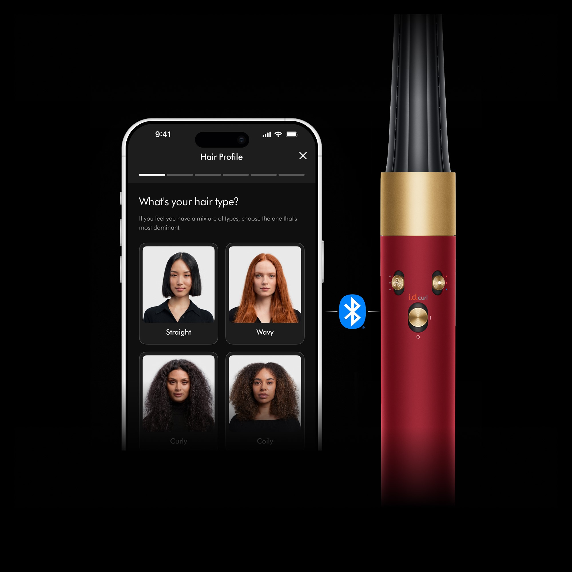 Okostelefon mutatja a hajtípus-választó appot egy piros-arany i.d.curl hajformázó mellett, Bluetooth kapcsolattal.