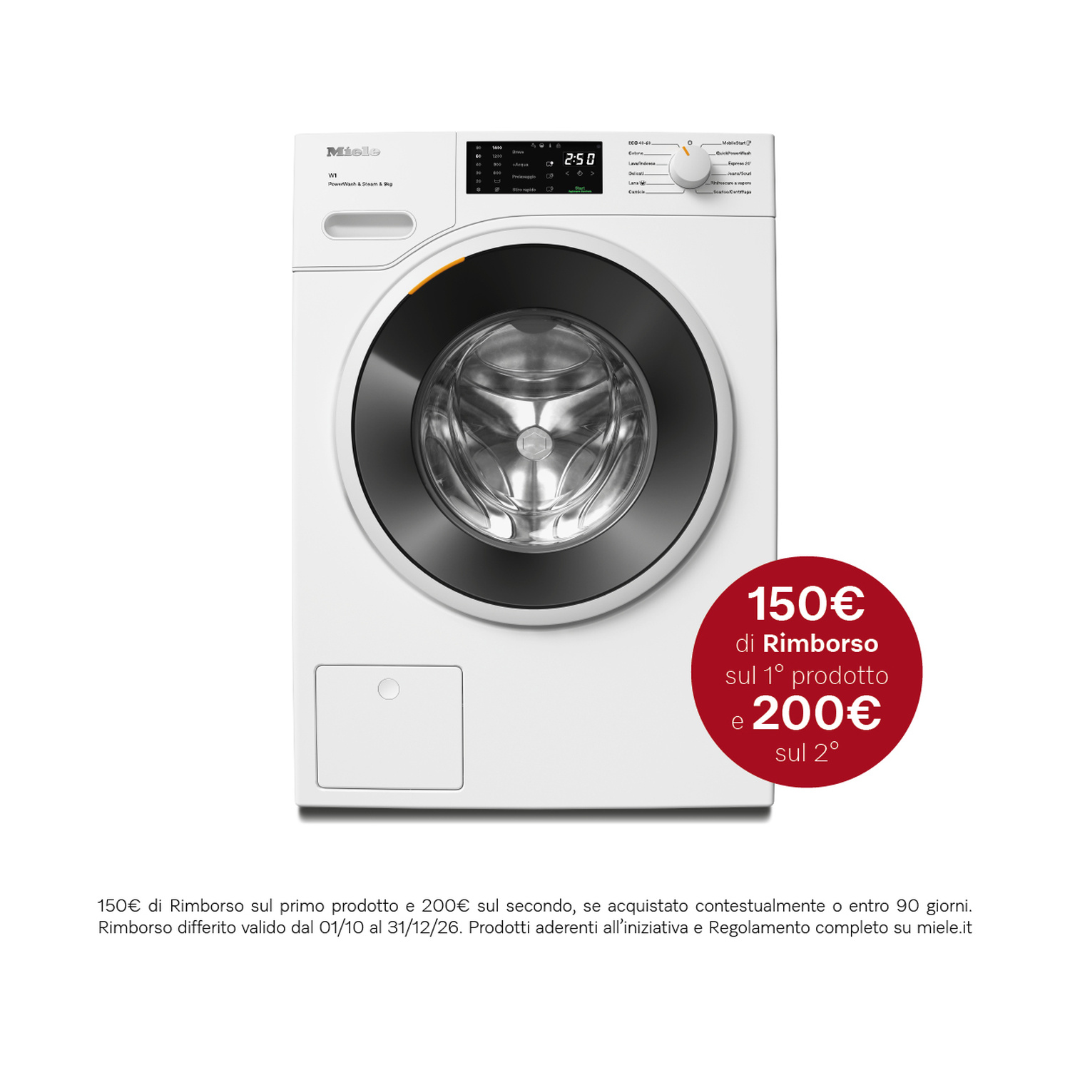 Lavatrice bianca Miele con display digitale e adesivo promozionale rosso con offerta di rimborso di 150 e 200 euro.