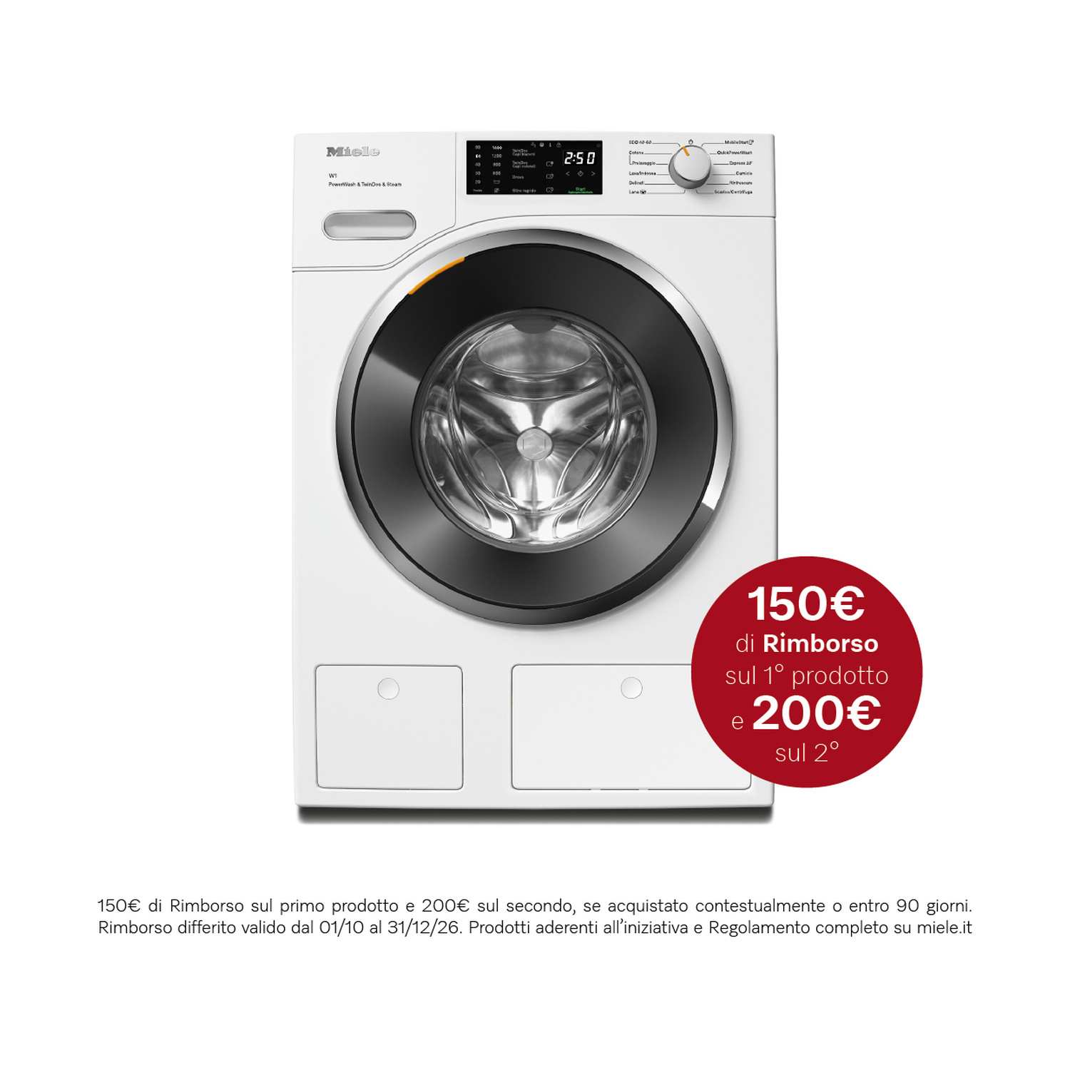 Lavatrice Miele bianca con oblò nero e badge promozionale per rimborso.