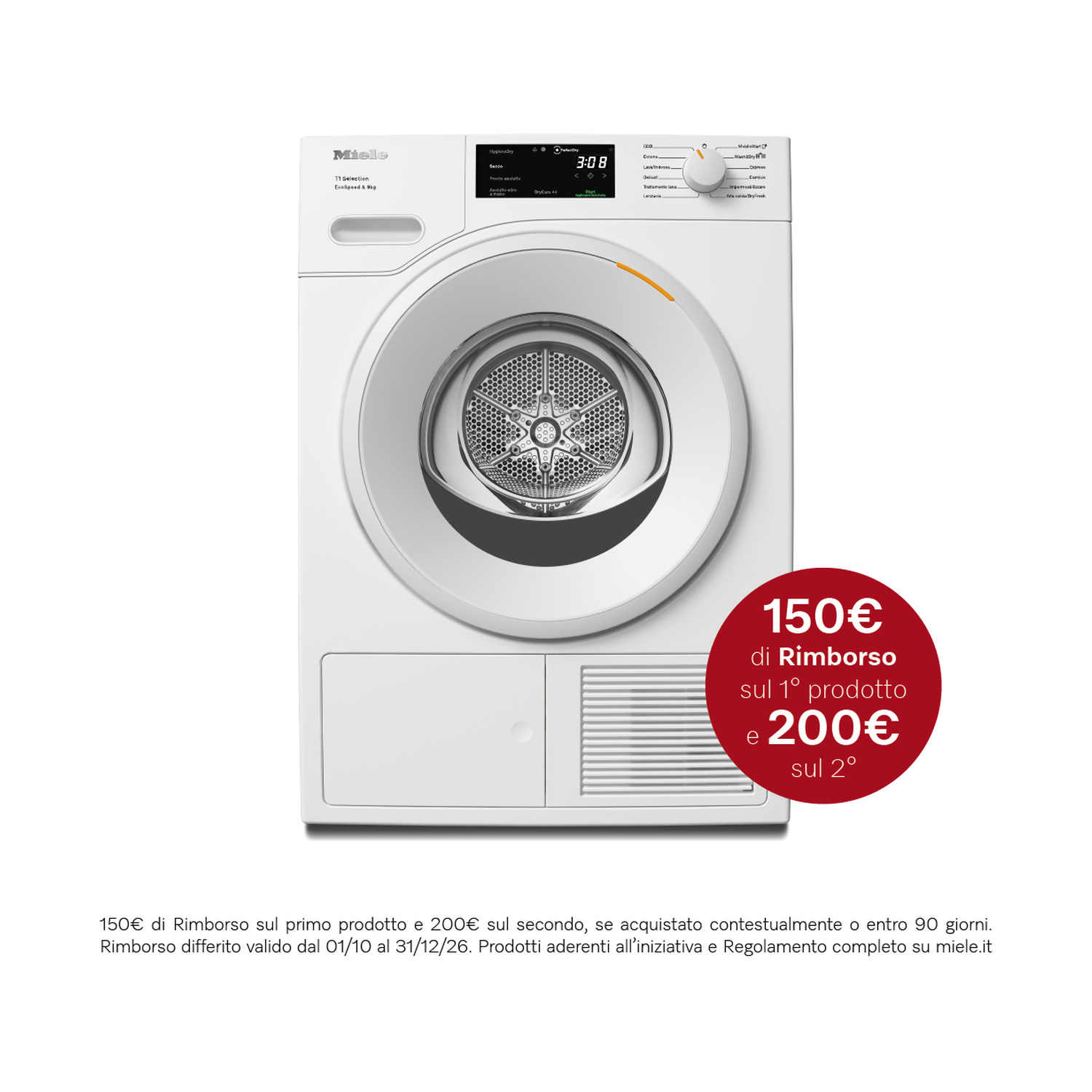Asciugatrice bianca Miele T1 Selection con display digitale e adesivo promozionale rosso in basso a destra.