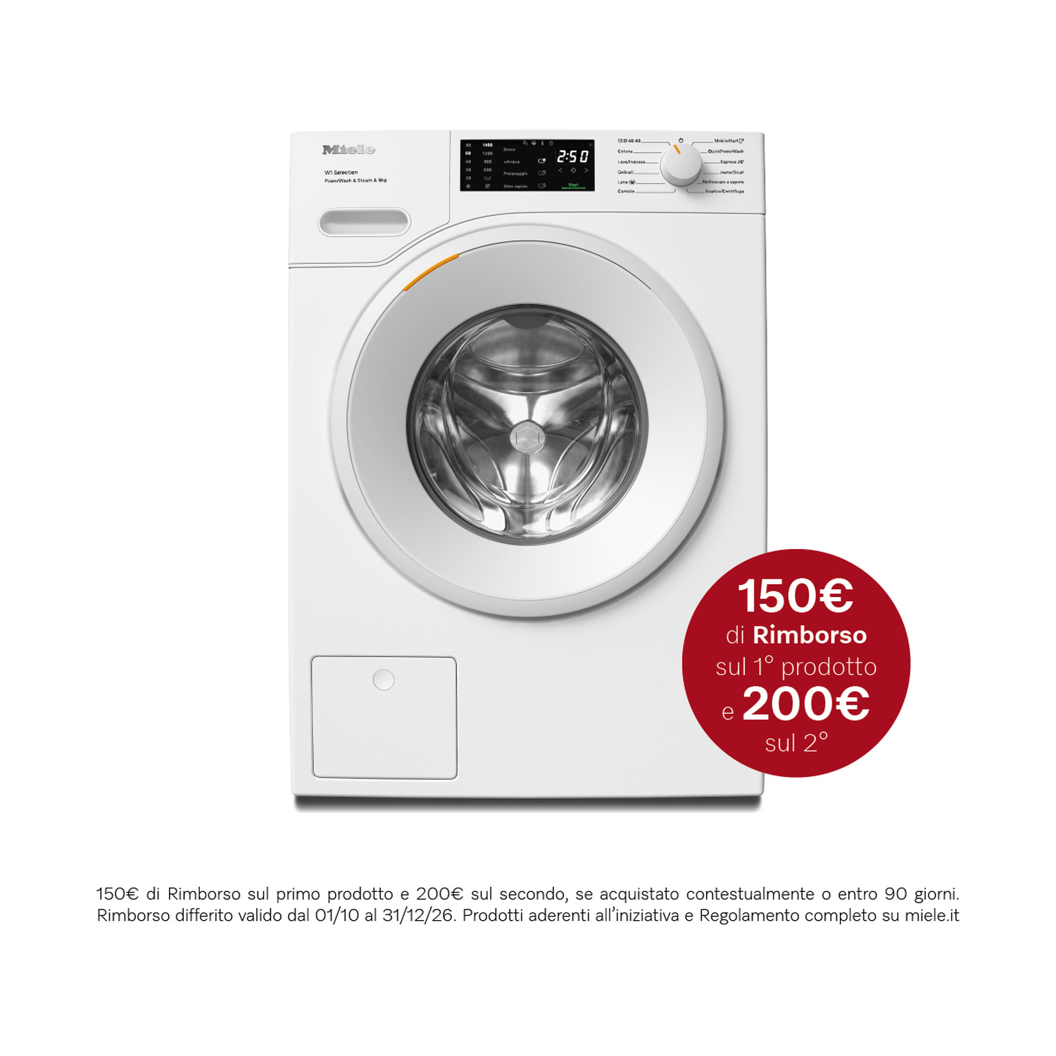 Lavatrice bianca Miele con display digitale e adesivo promozionale rosso in basso a destra.