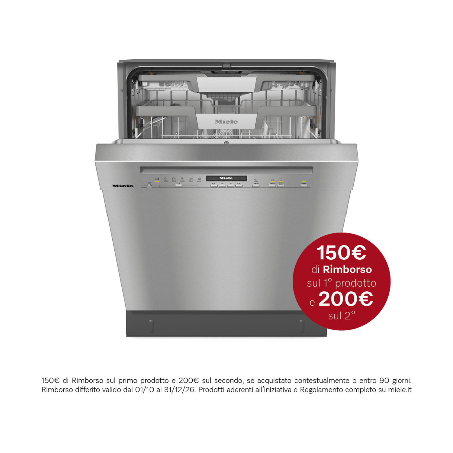 Lavastoviglie Miele in acciaio inossidabile con porta aperta e adesivo promozionale rosso nell'angolo.