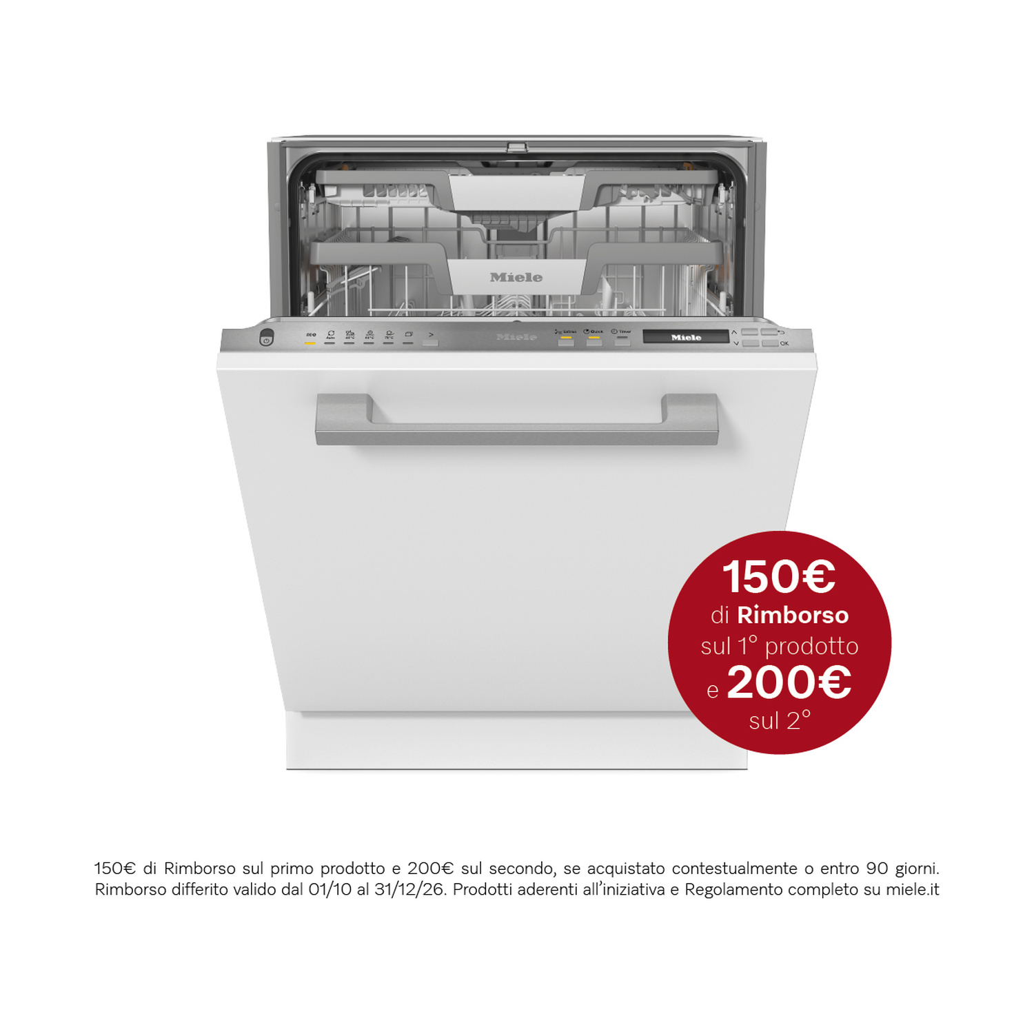 Lavastoviglie bianca Miele con porta aperta, cestelli, pannello di controllo e bollino rosso di rimborso.