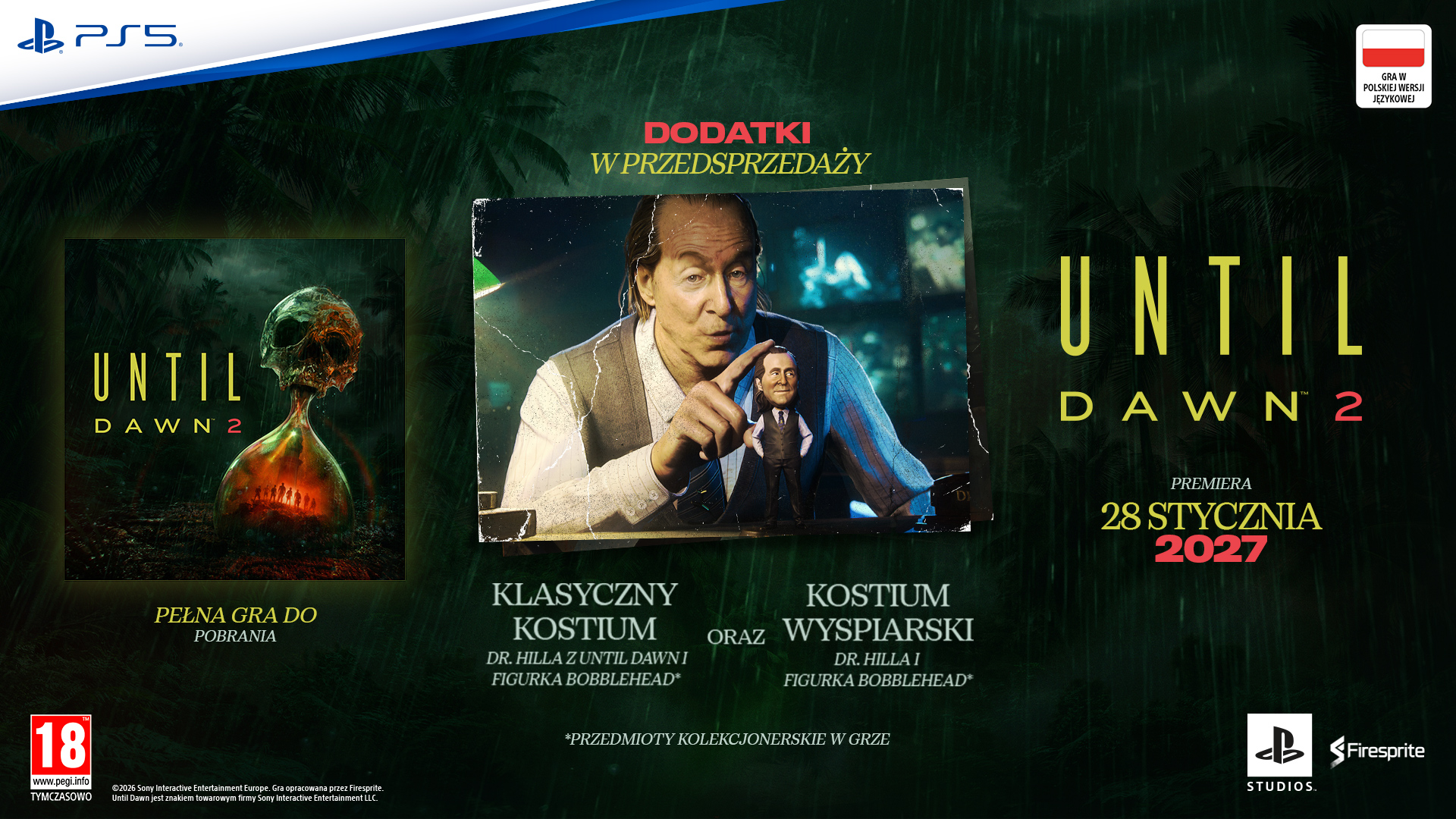 Obraz promocyjny gry Until Dawn 2 z bonusami w przedsprzedaży i datą premiery 28 stycznia 2027 roku.