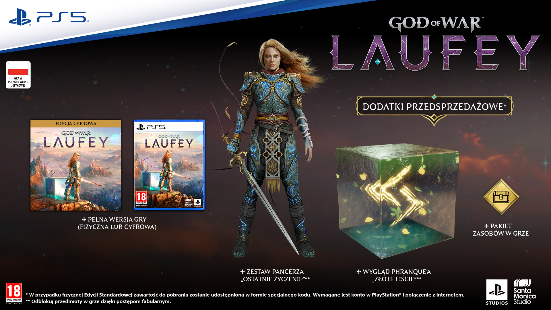 Bonusy w przedsprzedaży God of War Laufey z postaciami, opakowaniami gry, pancerzem i zieloną kostką.